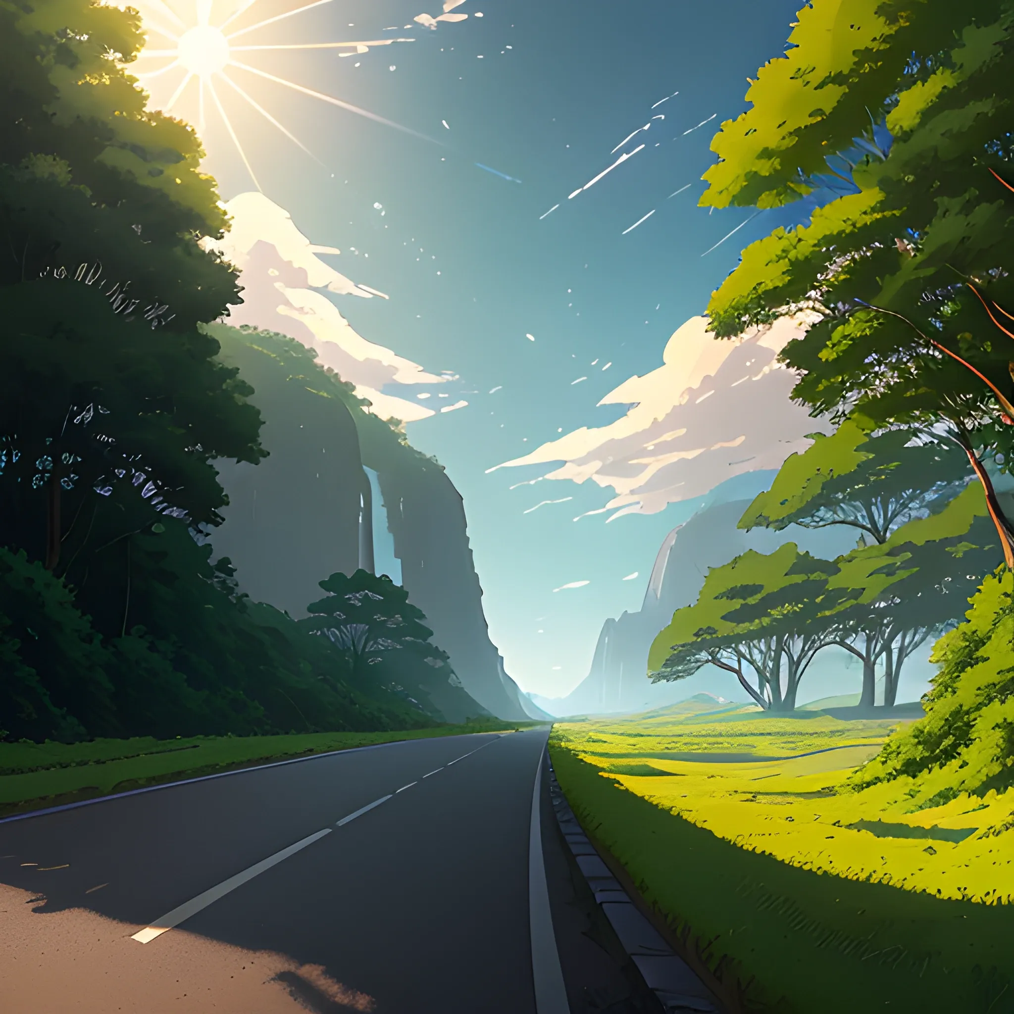 an wide landscape with brush, greenery, small road and a sky, ray of sunshine... in the style of makoto shinkai and greg rutkowski and albert bierstadt and james gurney, Cartoon