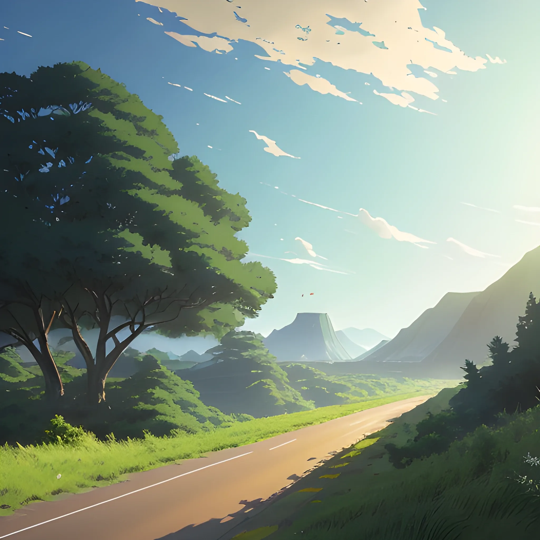 an wide landscape with brush, greenery, small road and a sky, ray of sunshine... in the style of makoto shinkai and greg rutkowski and albert bierstadt and james gurney, Cartoon