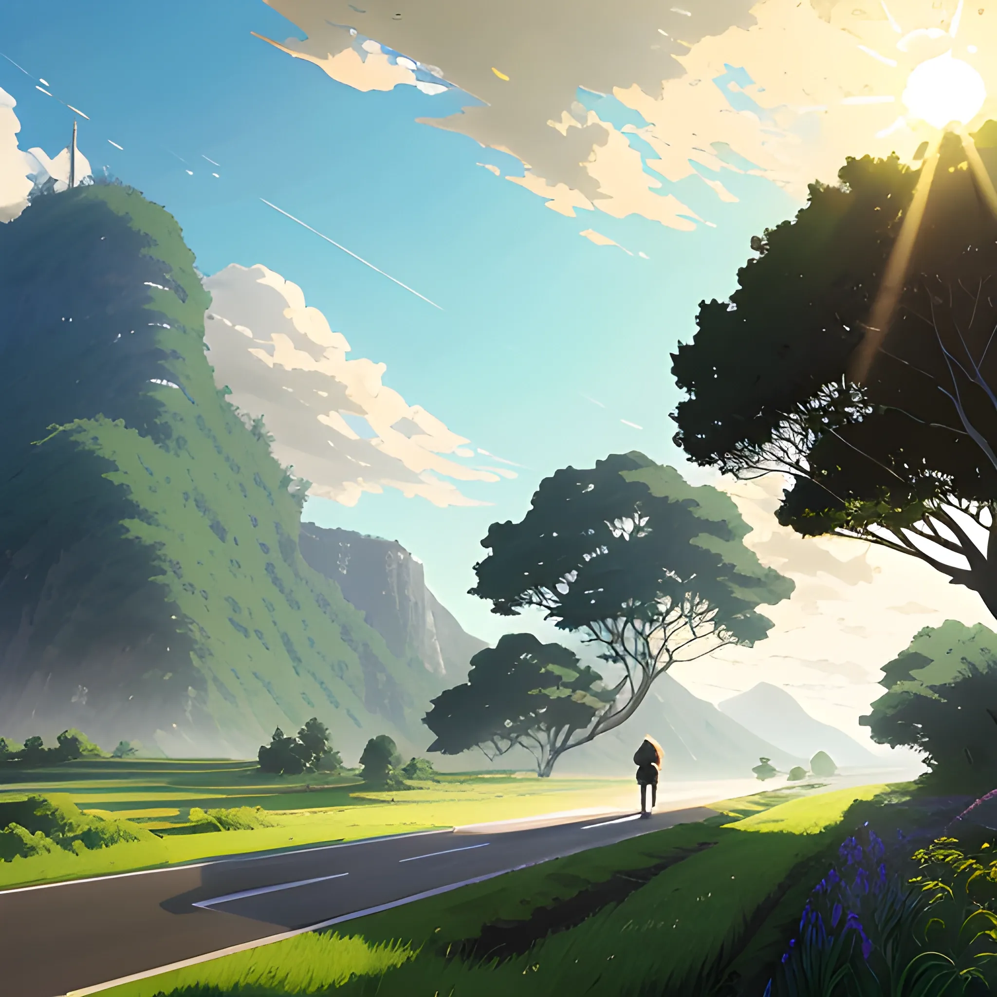 an wide landscape with brush, greenery, small road and a sky, ray of sunshine... in the style of makoto shinkai and greg rutkowski and albert bierstadt and james gurney, Cartoon