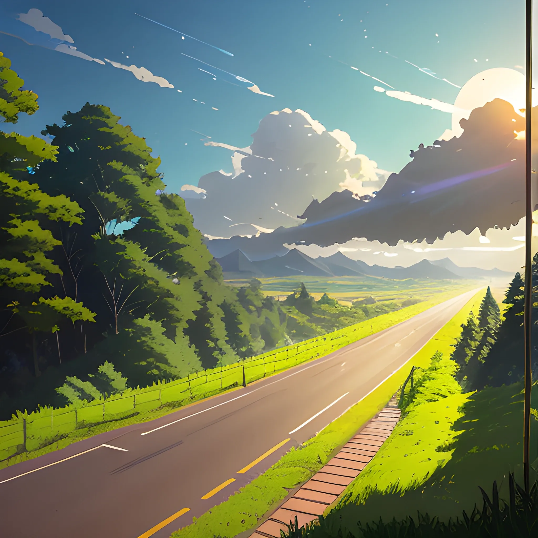 an wide landscape with brush, greenery, small road and a sky, ray of sunshine... in the style of makoto shinkai and greg rutkowski and albert bierstadt and james gurney, Cartoon