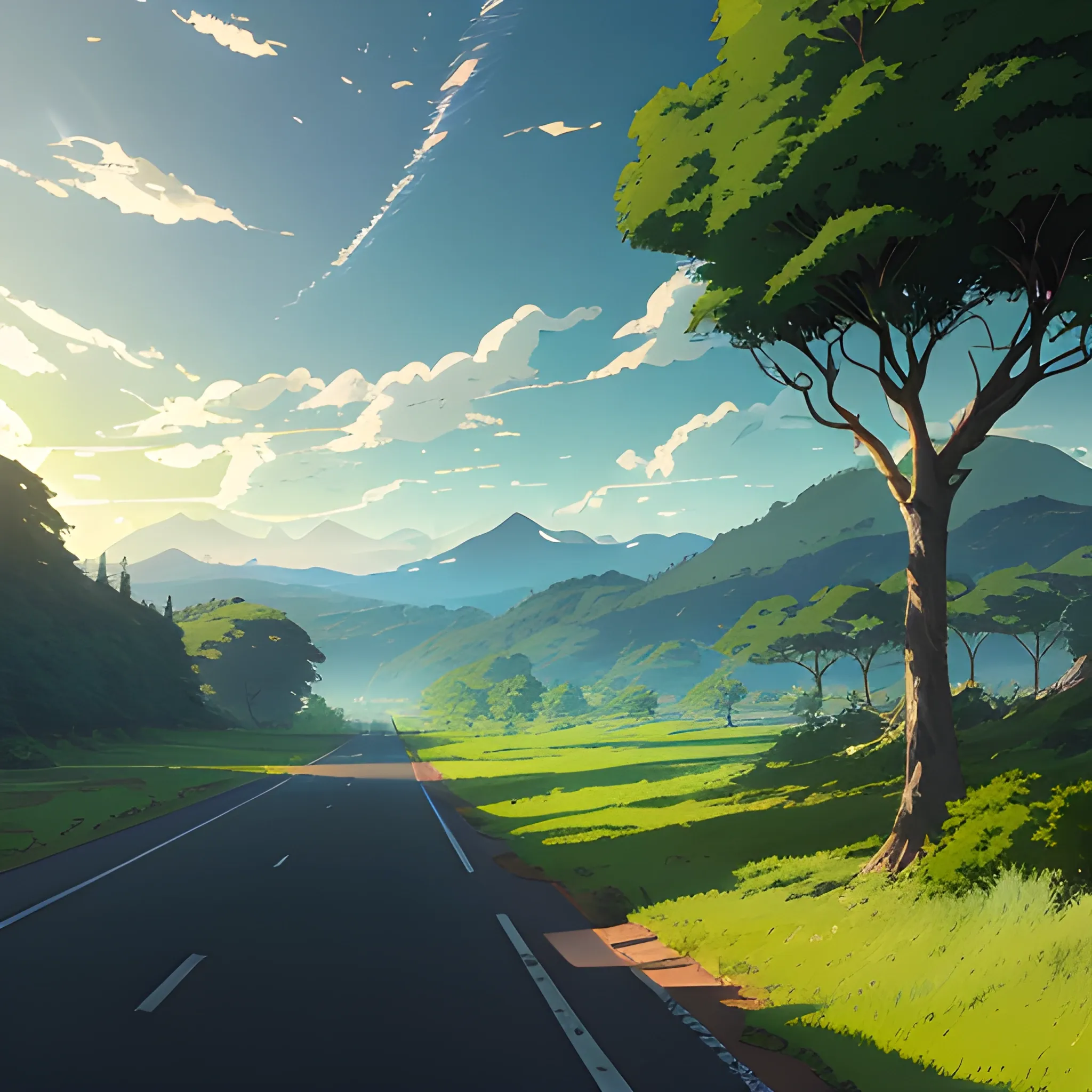 an wide landscape with brush, greenery, small road and a sky, ray of sunshine... in the style of makoto shinkai and greg rutkowski and albert bierstadt and james gurney, Cartoon