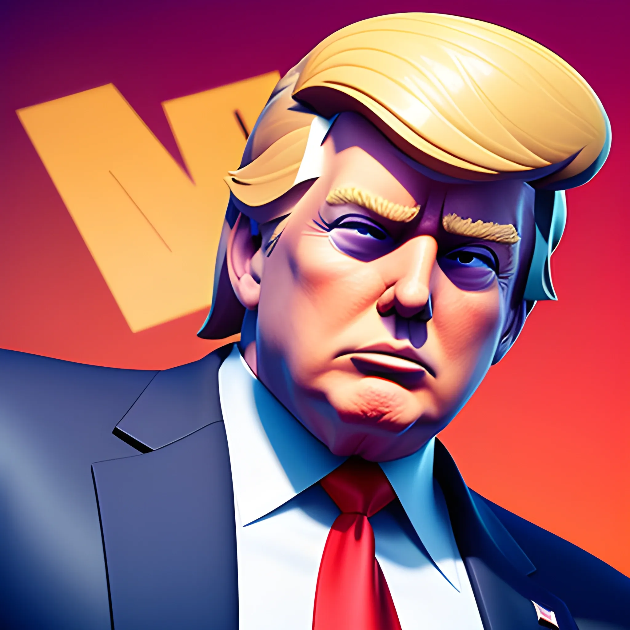 Donald Trump, in a Fortnite style, 3d, turn to the right