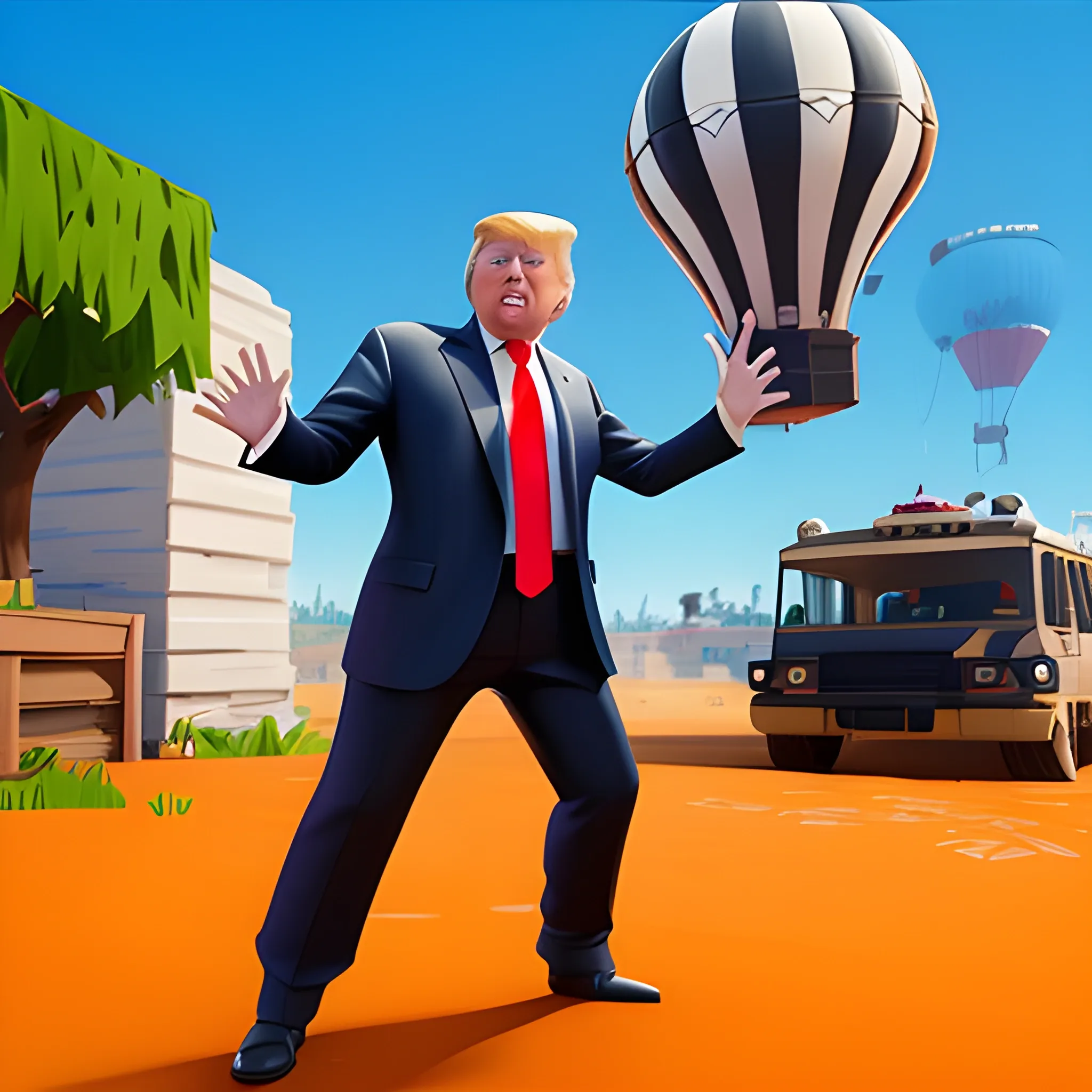 Donald Trump, in a Fortnite style, 3d, turn to the right