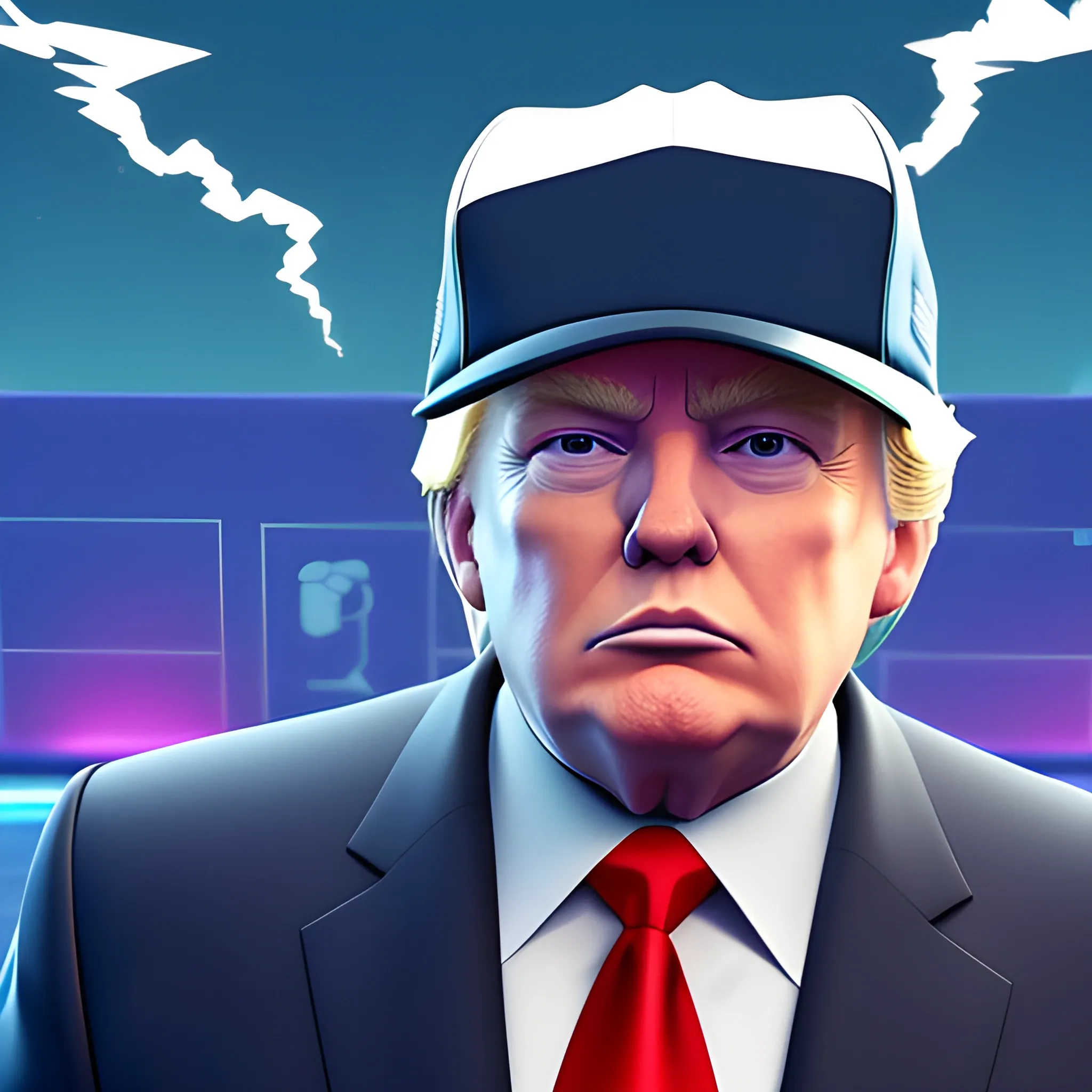 Donald Trump, in a Fortnite style, 3d, turn to the right, look to the right