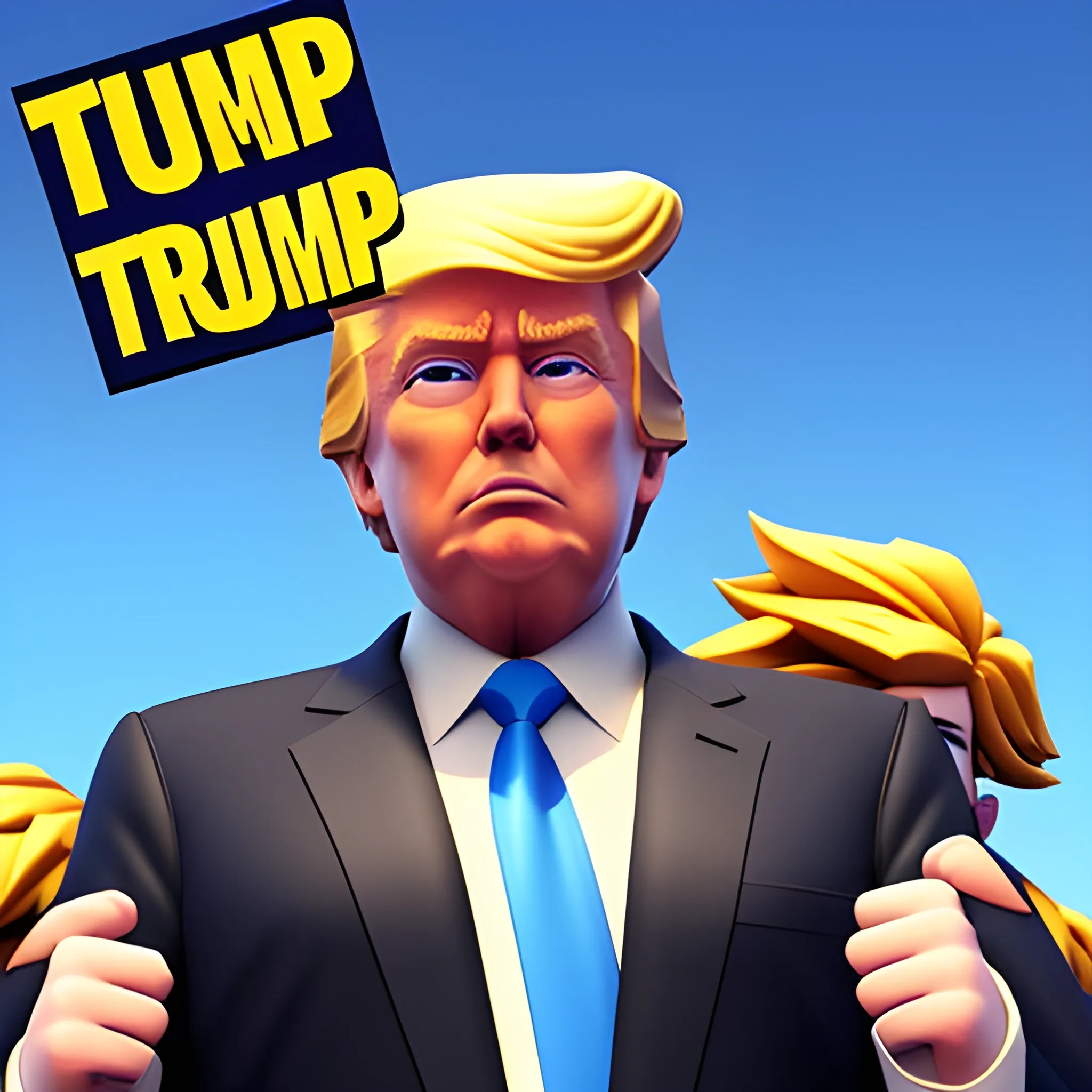 Donald Trump, in a Fortnite style, 3d, turn to the right, look to the right