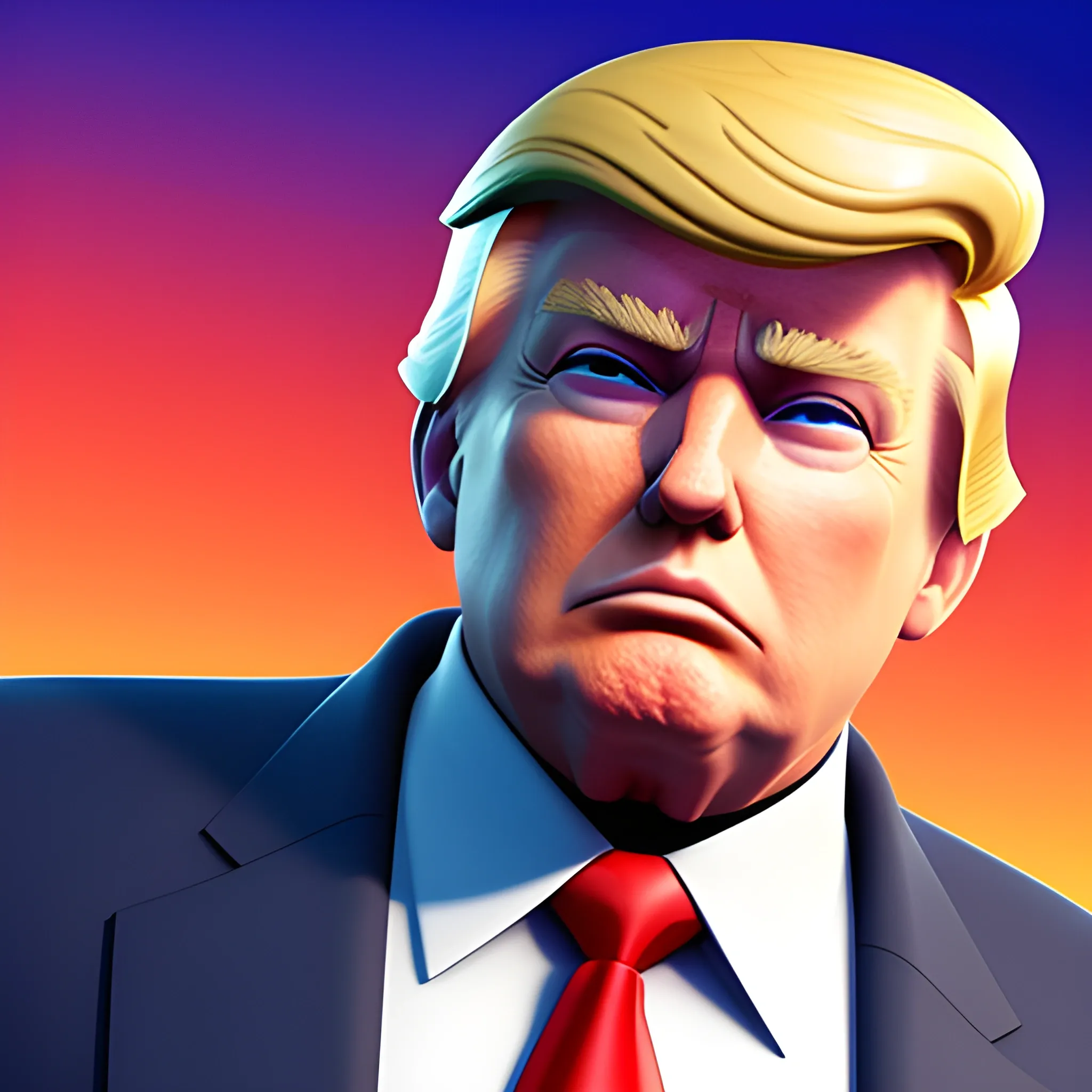 Donald Trump, in a Fortnite style, 3d, turn to the right, look to the right