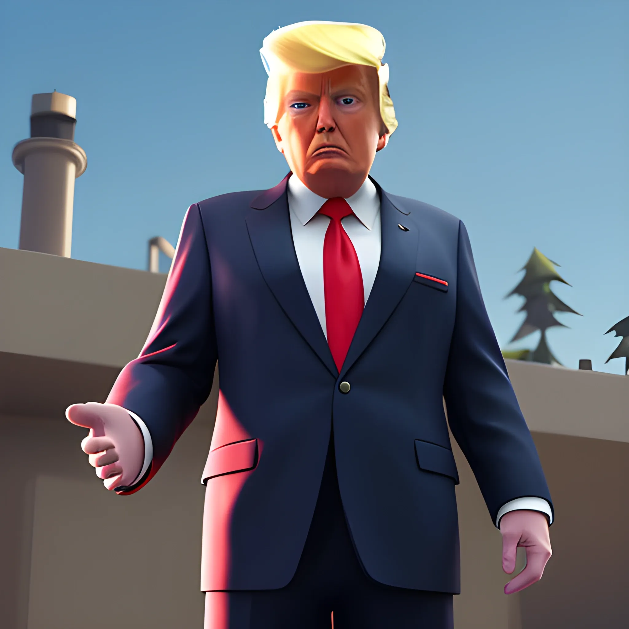 Donald Trump in costume, 3d, Fortnite style, look to the right