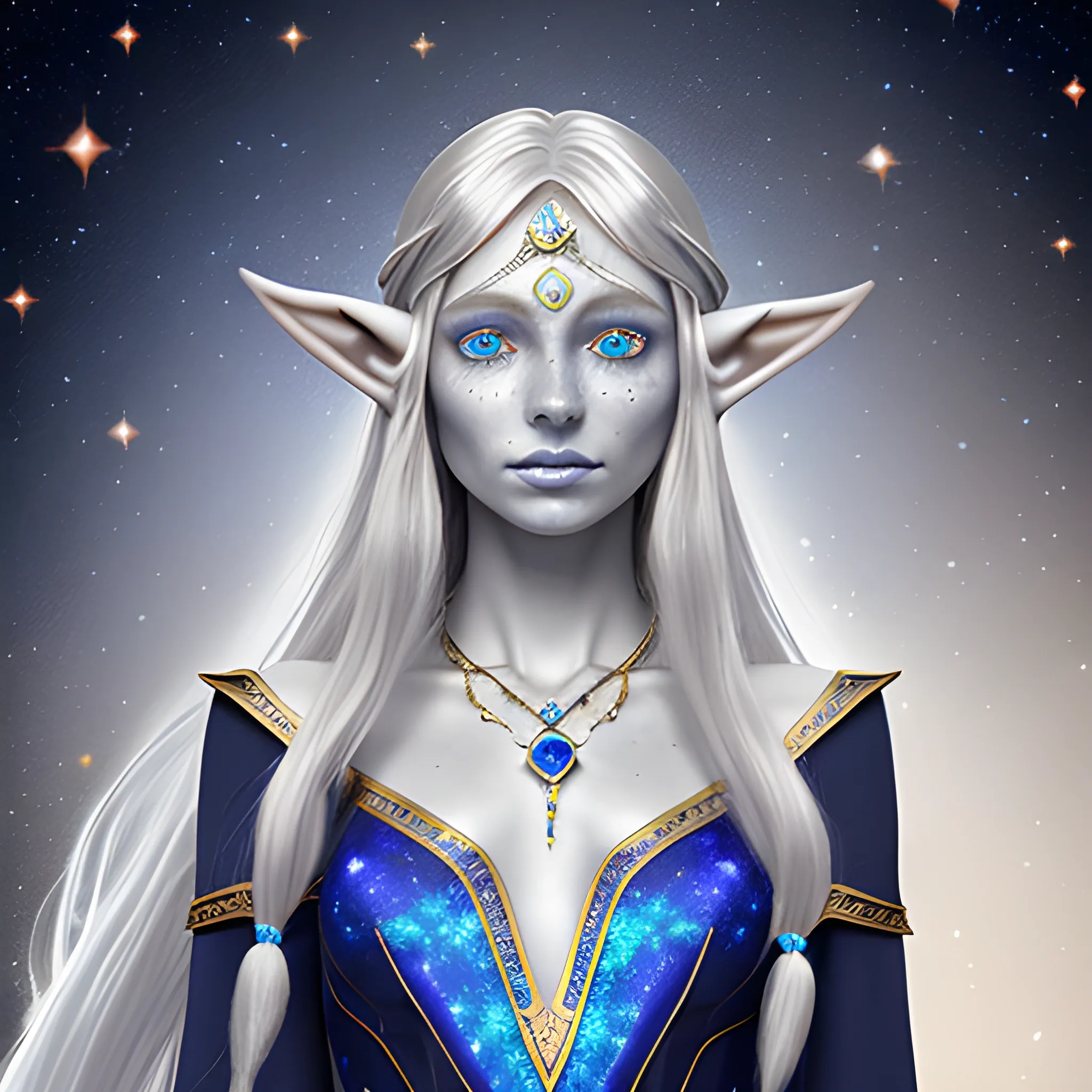 astral elf, silvery skin, platin long hair, dark blue gown, golden freckles, dark saphire eyes, opal necklace
