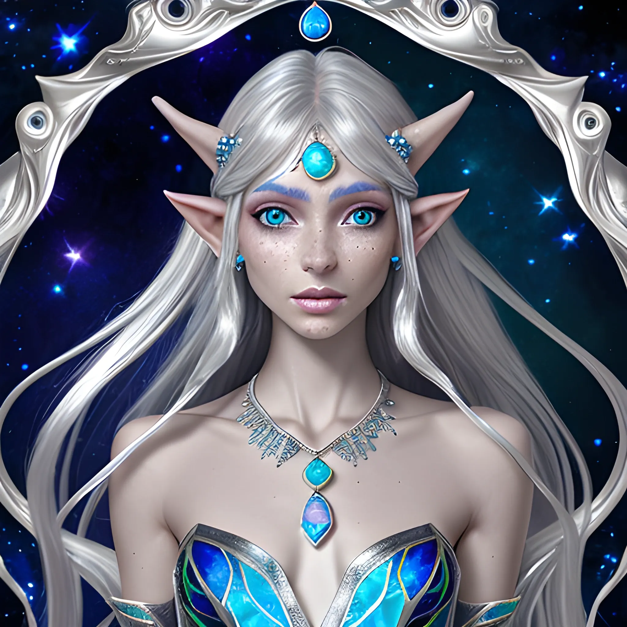 astral elf, silver shimmer skin, platin long hair, dark blue gown, golden freckles, dark saphire eyes, opal necklace
