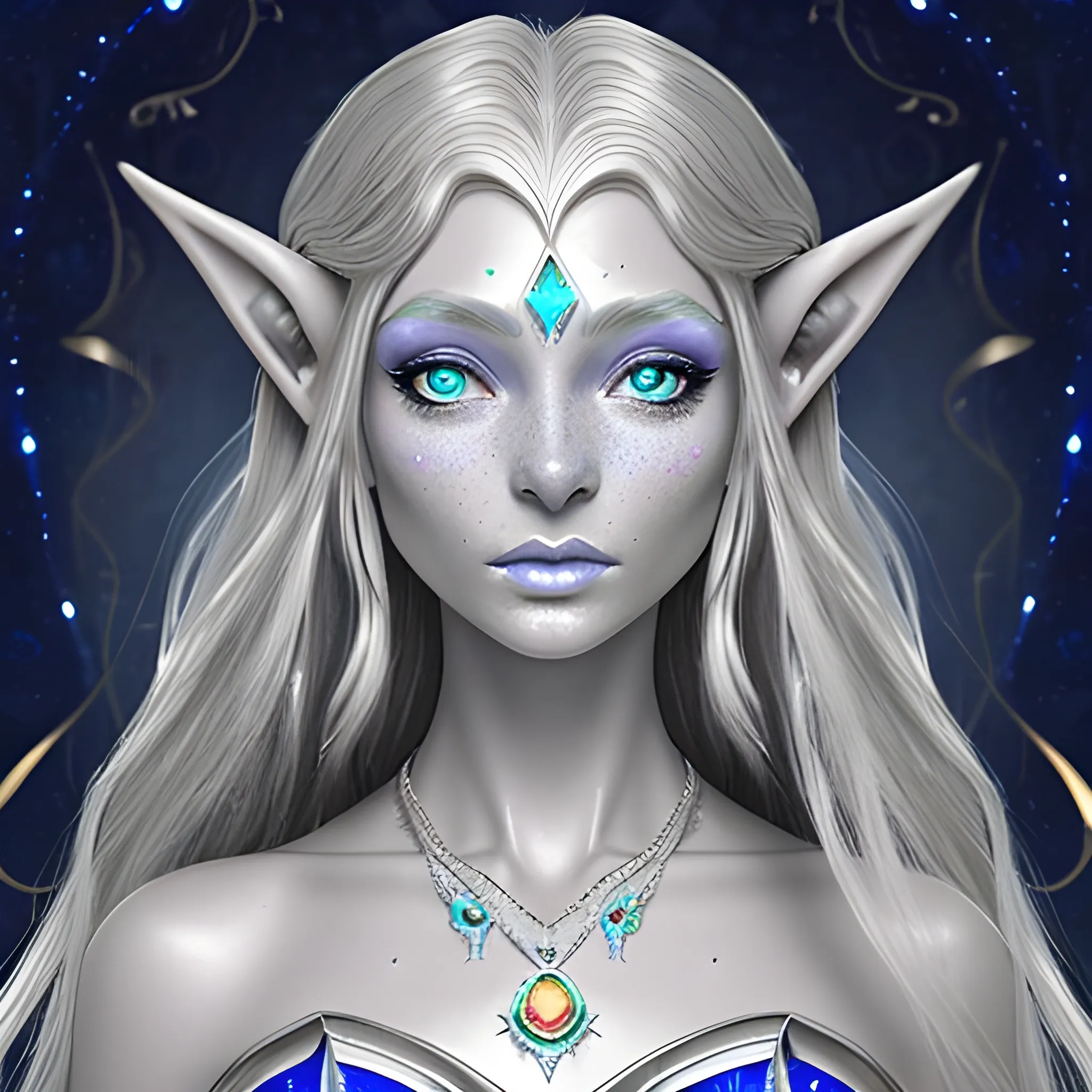 astral elf, silver shimmer skin, platin long hair, dark blue gown, golden freckles, dark saphire eyes, opal necklace
