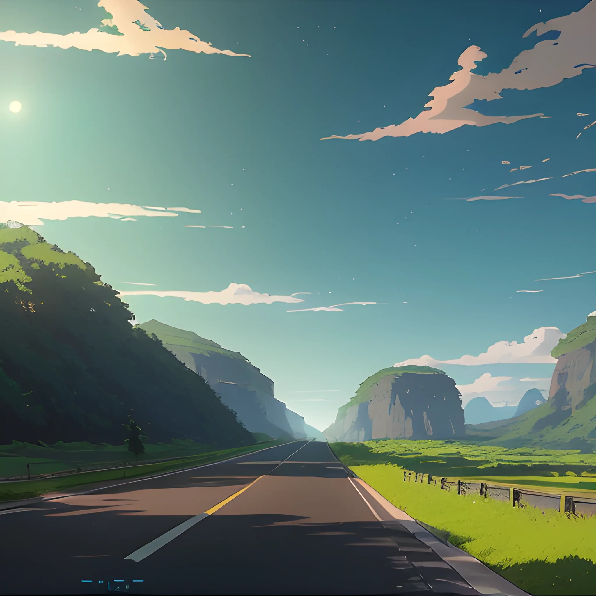 an wide landscape with brush, greenery, small road and a sky, ray of sunshine... in the style of makoto shinkai and greg rutkowski and albert bierstadt and james gurney, Cartoon