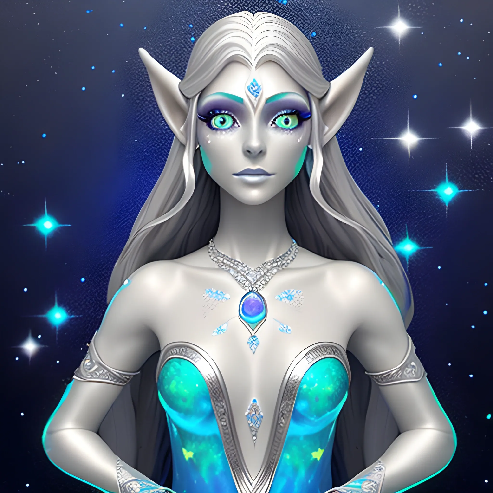 astral elf, silver shimmer skin, platin long hair, dark blue gown, golden freckles, dark saphire eyes, opal necklace
