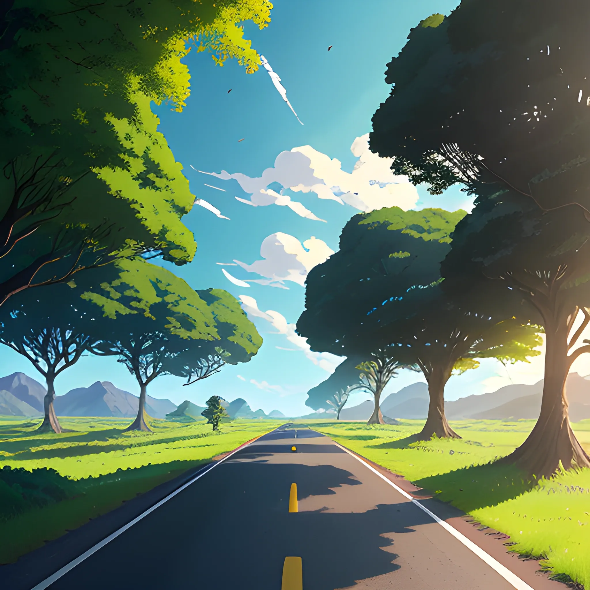 an wide landscape with brush, greenery, small road and a sky, ray of sunshine... in the style of makoto shinkai and greg rutkowski and albert bierstadt and james gurney, Cartoon