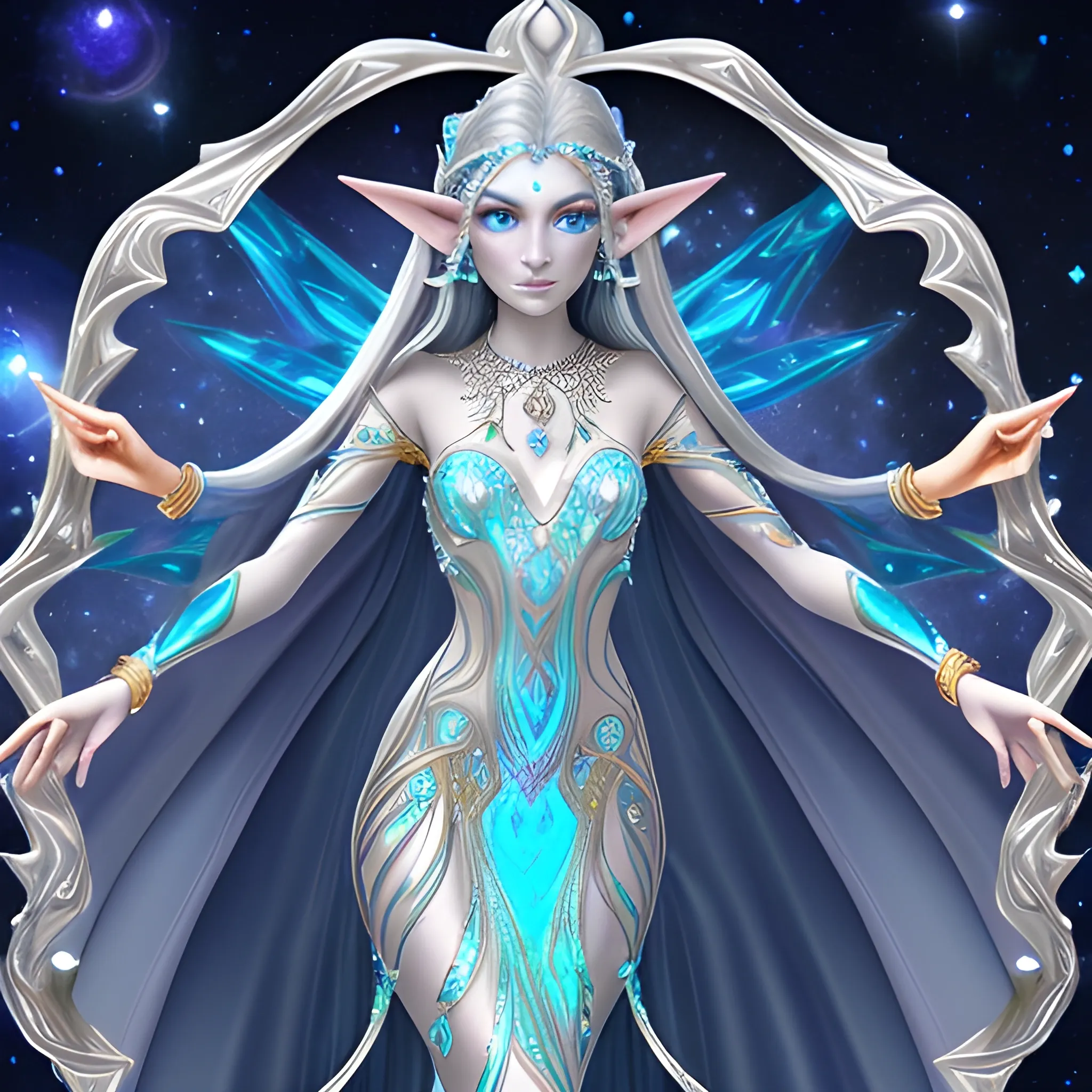 astral elf, silver shimmer skin, platin long hair, dark blue long gown, golden freckles, dark saphire eyes, opal necklace, whole body

