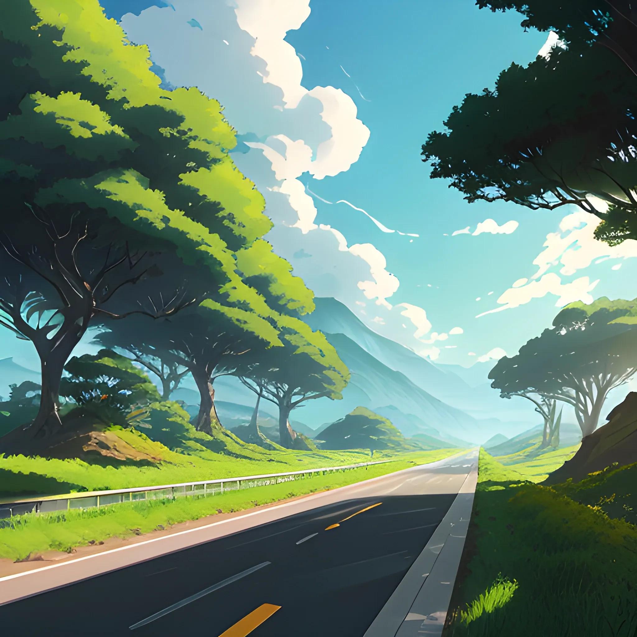 an wide landscape with brush, greenery, small road and a sky, ray of sunshine... in the style of makoto shinkai and greg rutkowski and albert bierstadt and james gurney, Cartoon