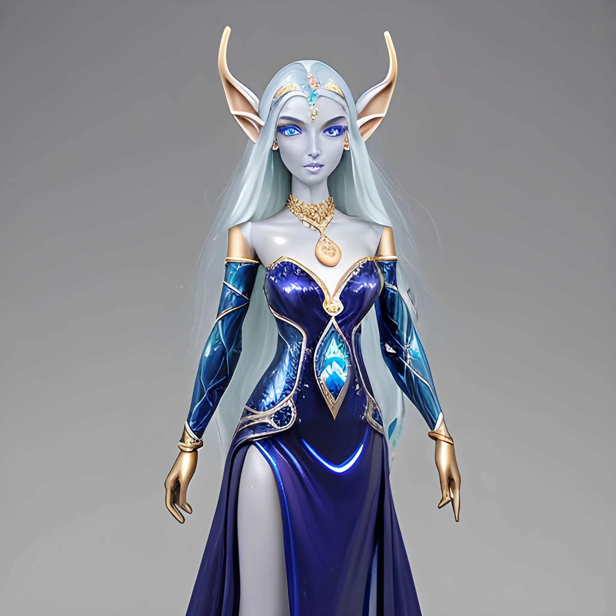 astral elf, silver shimmer skin, platin long hair, dark blue long gown, golden freckles, dark saphire eyes, opal necklace, whole body

