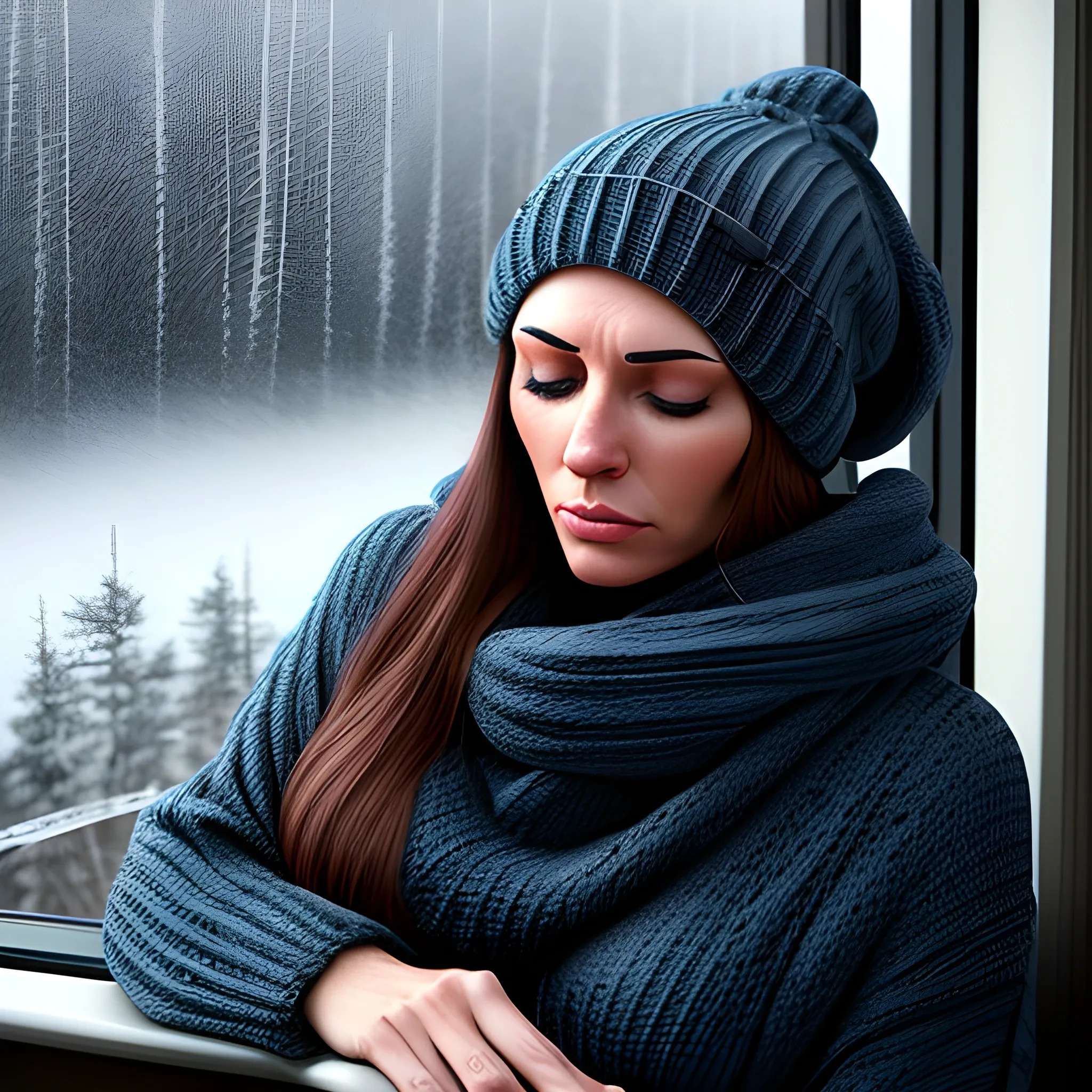 Young European girl, light-colored long hair, RV window seat, quietly sleeping, lying down, comfortable clothing, head leaning against the window, calm and peaceful expression, eyes closed, dim and cold weather, very cloudy sky, raining, condensation or dew on the window, wilderness or forest background, realistic 3D effect, rich in detail, sense of tranquility and coldness, overcast sky, dark and gloomy lighting, ominous weather, looks comfortable, not too thin, body posture indicating coldness, not too monotonous in color, dark blue blanket, cozy and comfortable atmosphere, soft lighting, gray knit hat

Negative keywords: deformed fingers, unnatural posture, unrealistic facial features, blurry details, pixelation, poor lighting, flat textures, low resolution, excessive brightness, distorted proportions, unnatural shadows, mismatched colors, artificial look, noise, artifacts, uncoordinated body, awkward positioning, stiff movements, unnatural body alignment, 3D,HD