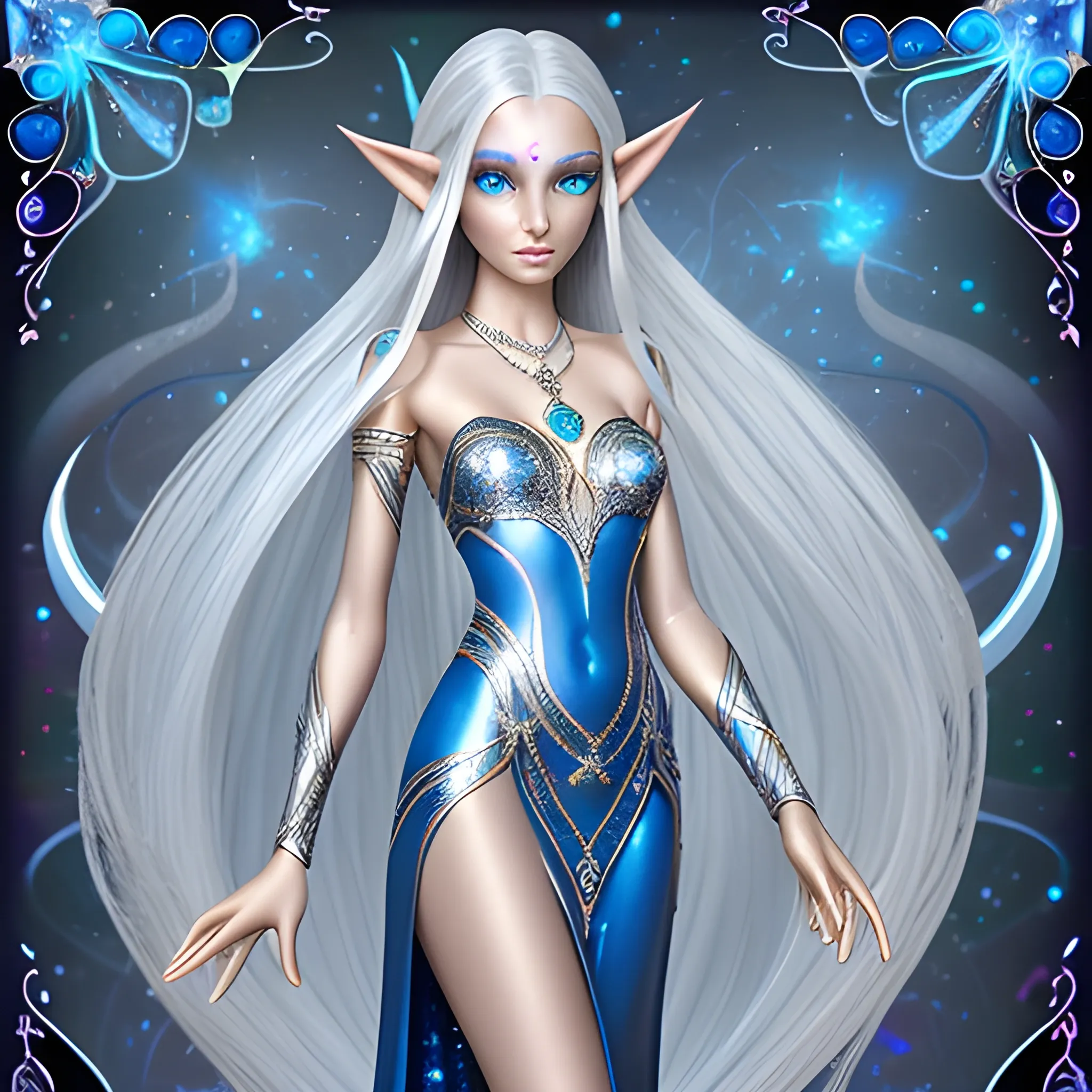 astral elf, silver shimmer skin, platin long hair, dark blue long gown, golden freckles, dark saphire eyes, opal necklace, whole body

