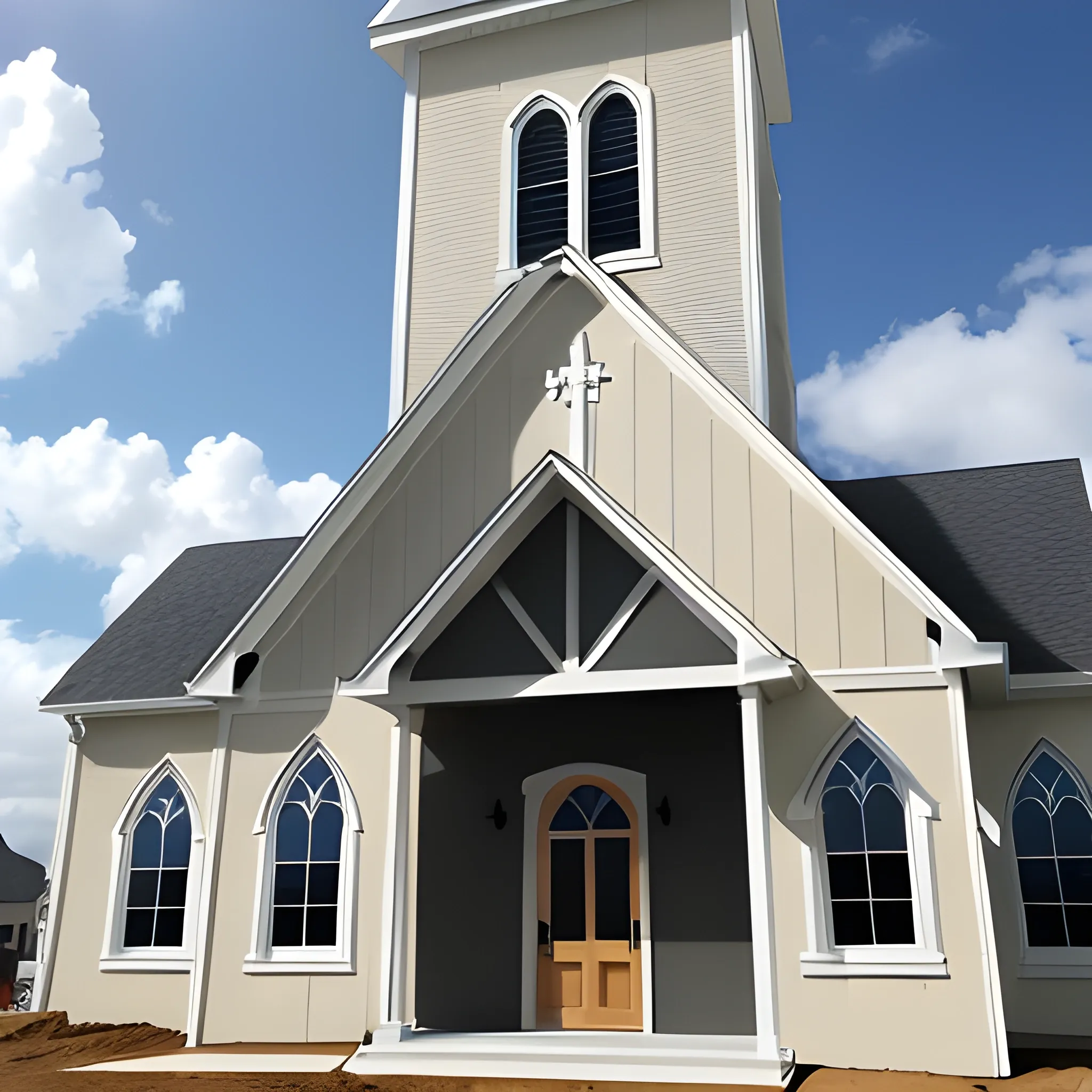 Two story very long church new construction tan outside showing sun out 