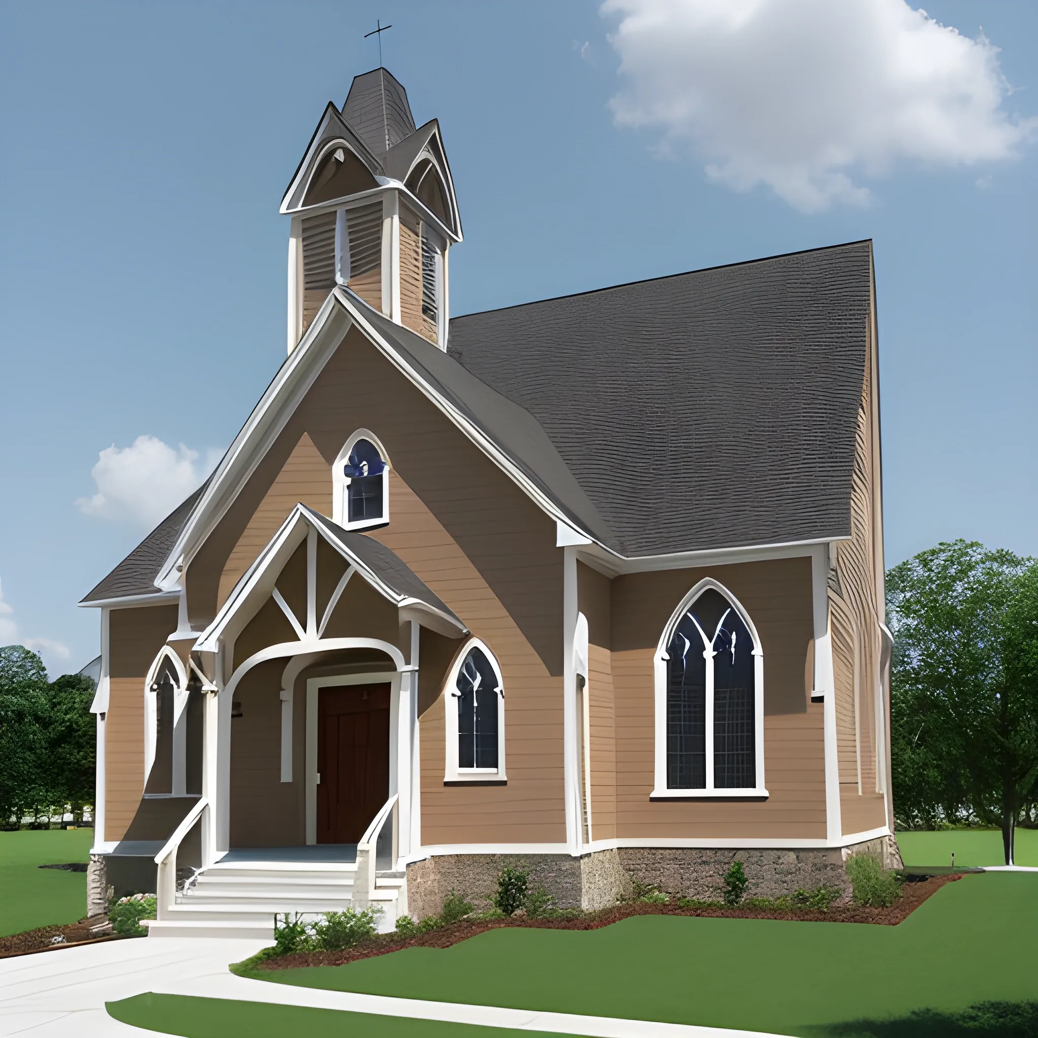 Two story very long church new construction tan color showing full side profile 