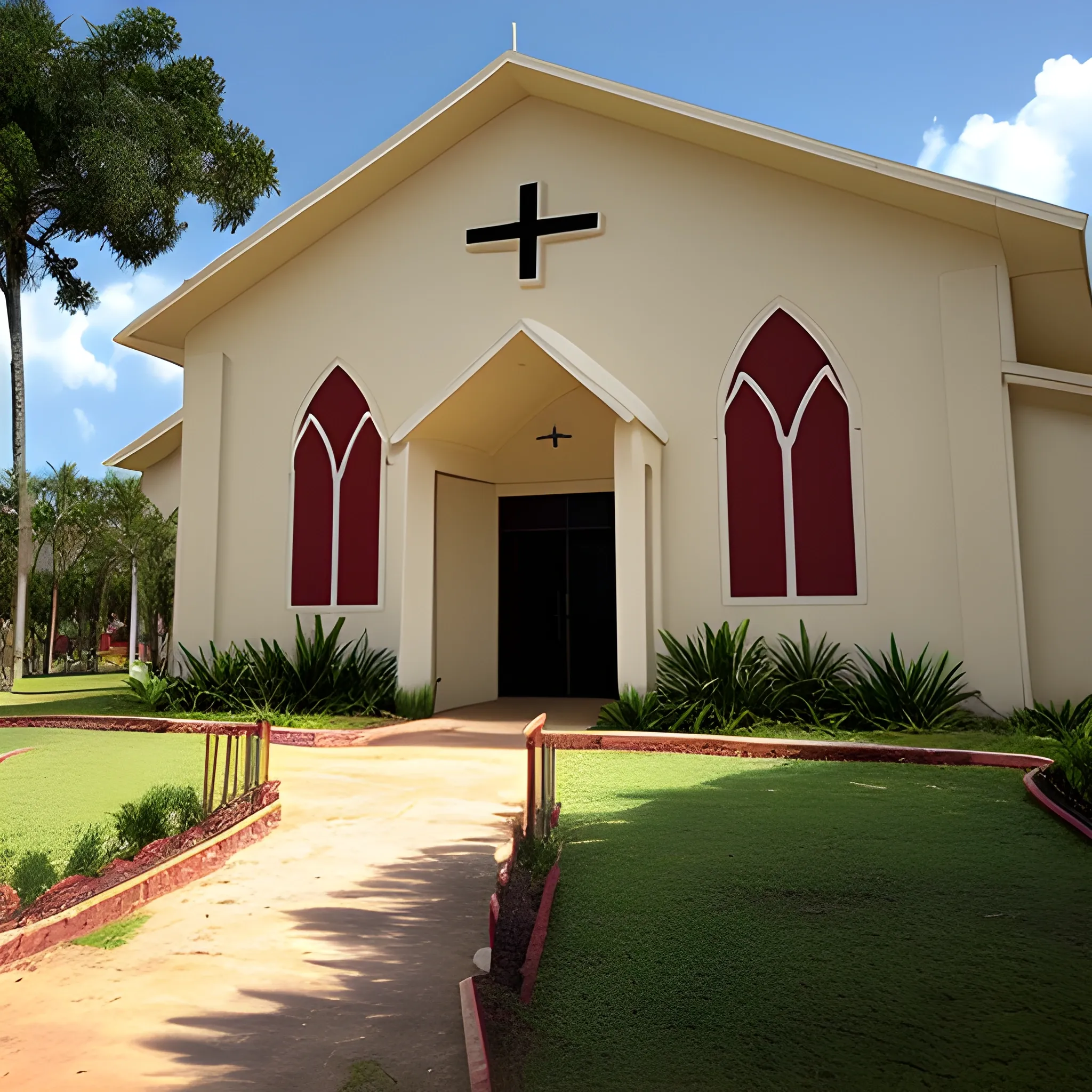 outside of long tan two story church building 