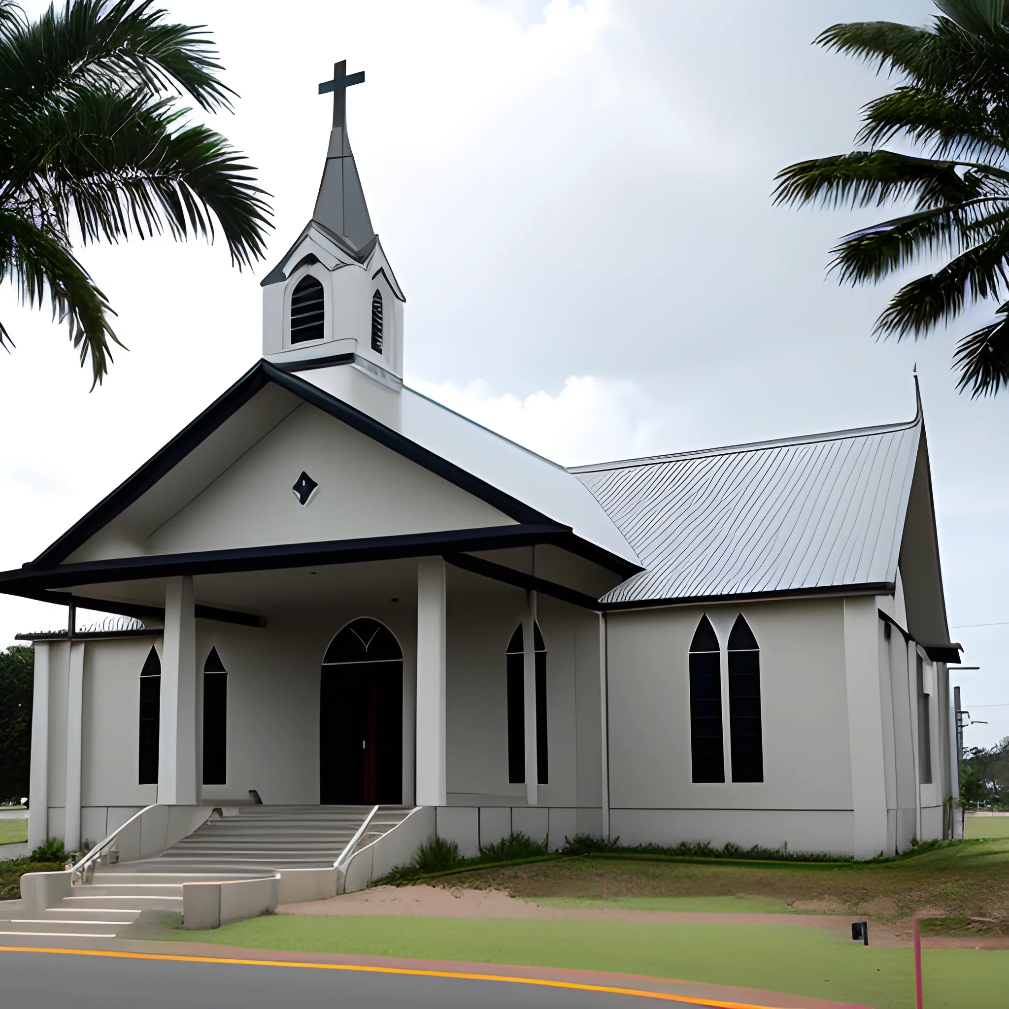 outdoor profile of long tan two story church building 