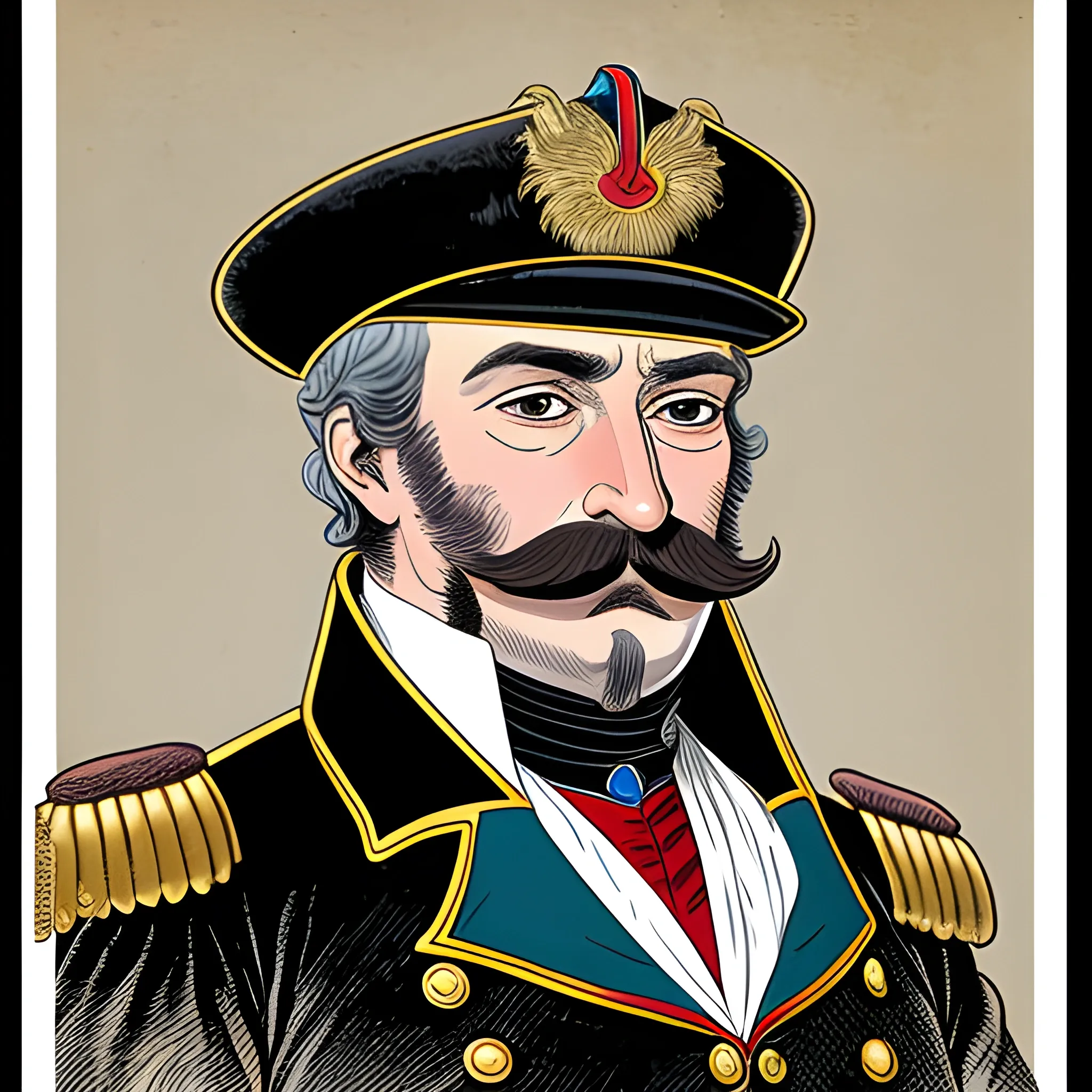 Napoleonic general with 19th century facial hair and a kaiser bill moustache, Graphic novel style, based on the Art of Jim Lee