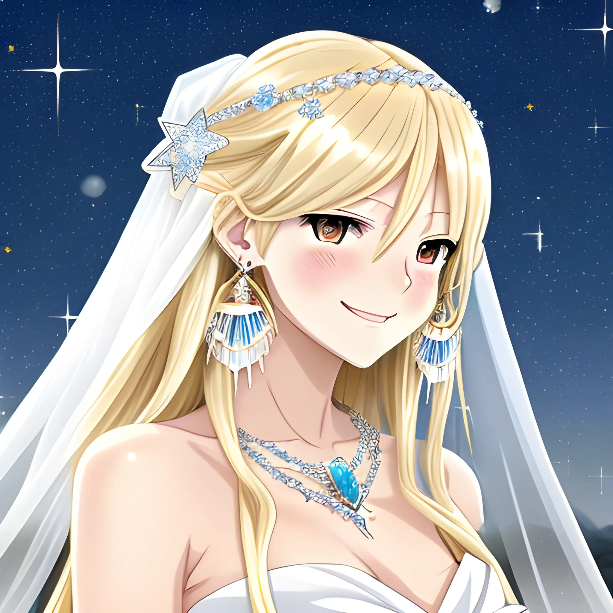 Long blond hair, anime style, female, white dress, glittering and translucent jewelry accessories, eyes shining like stars, hair hanging down supplely, exquisite earrings, smile, veil dotted with stars, starry sky background and dreams, Cartoon