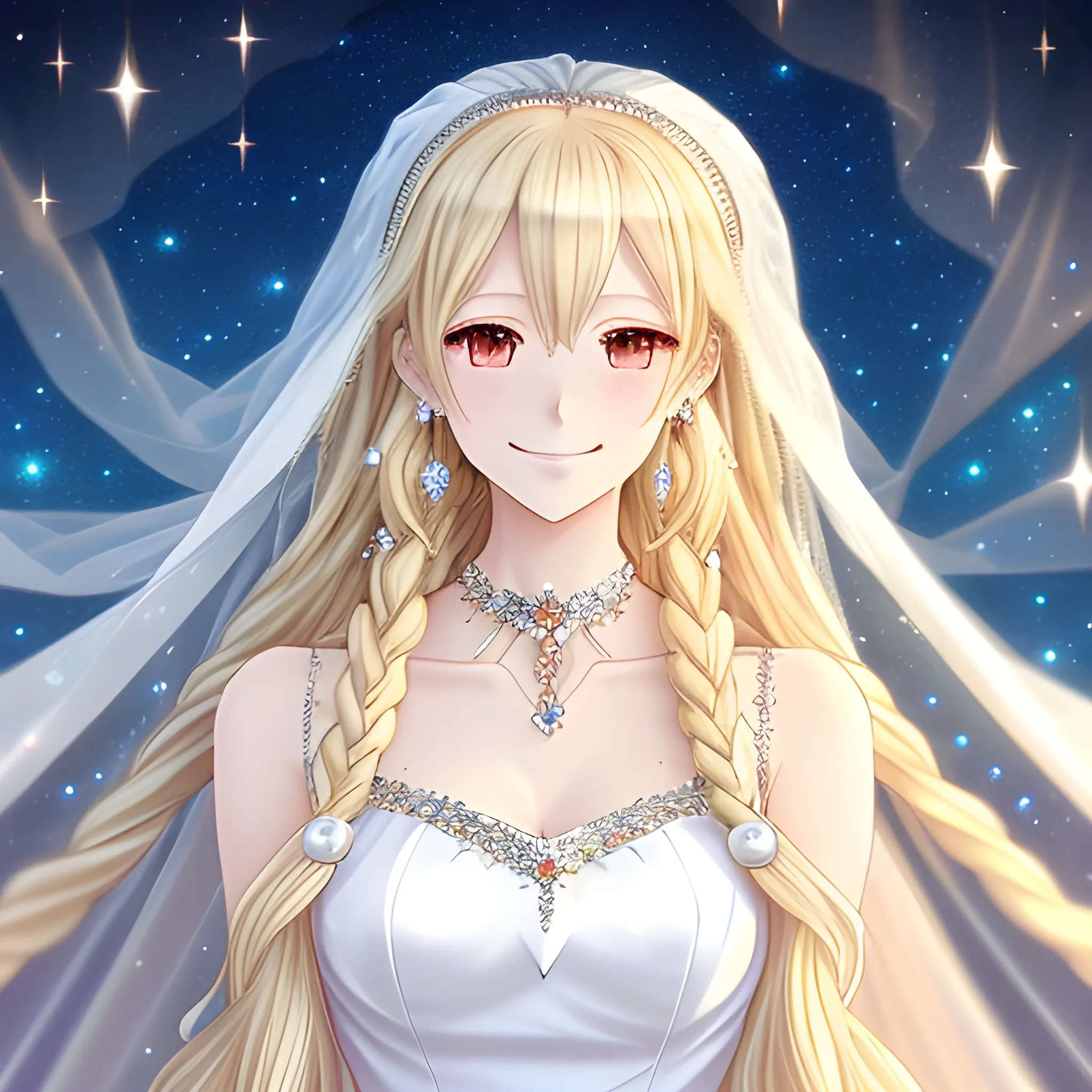 Long blond hair, anime style, female, white dress, glittering and translucent jewelry accessories, eyes shining like stars, hair hanging down supplely, exquisite earrings, smile, veil dotted with stars, starry sky background and dreams