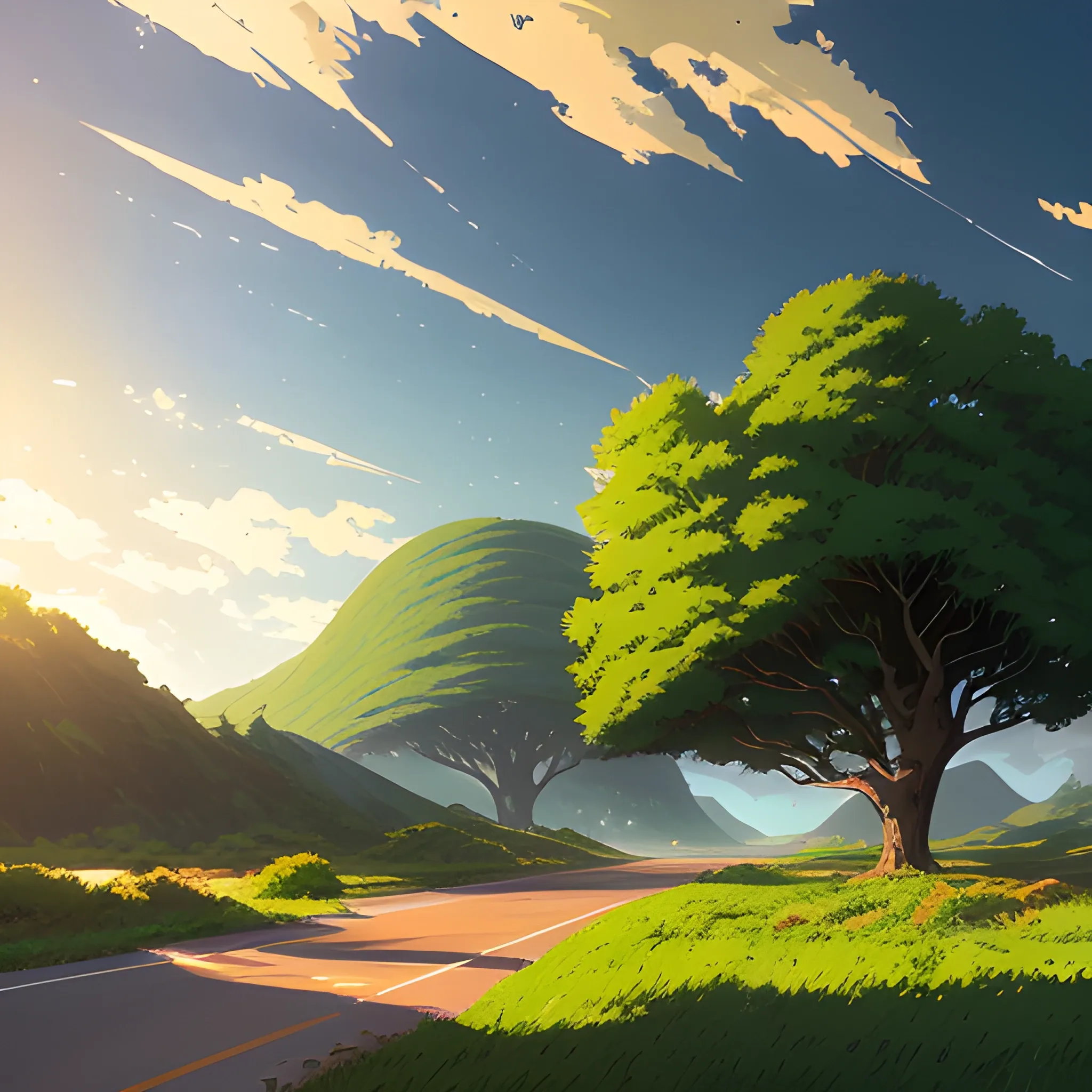 an wide landscape with brush, greenery, small road and a sky, ray of sunshine... in the style of makoto shinkai and greg rutkowski and albert bierstadt and james gurney, Cartoon