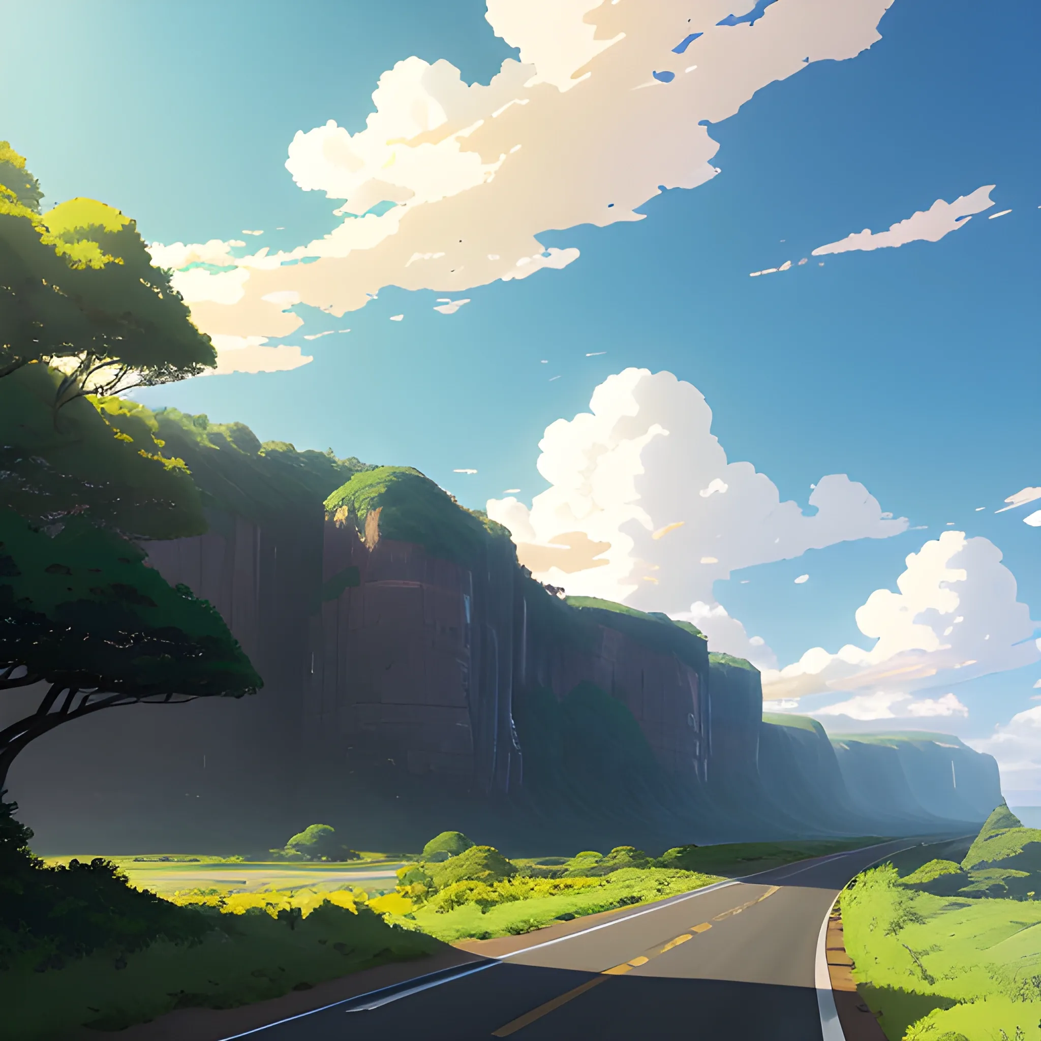 an wide landscape with brush, greenery, small road and a sky, ray of sunshine... in the style of makoto shinkai and greg rutkowski and albert bierstadt and james gurney, Cartoon