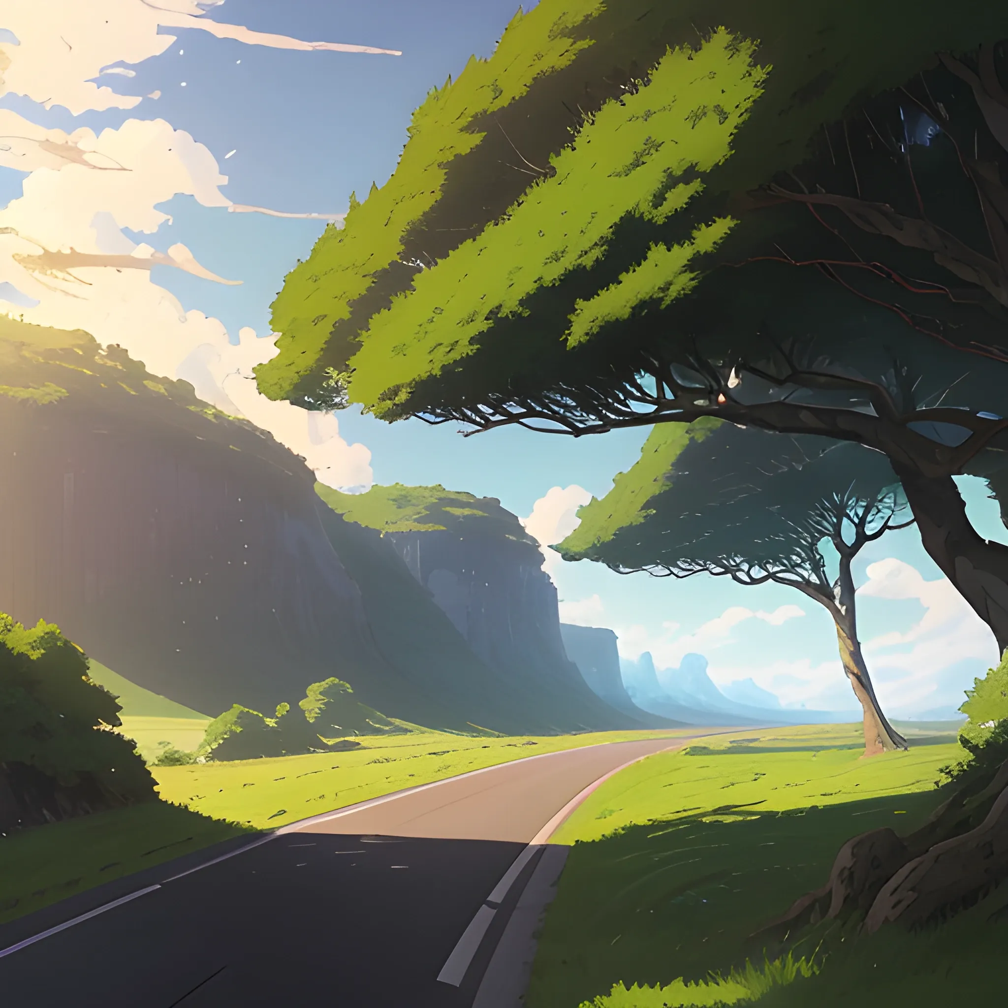 an wide landscape with brush, greenery, small road and a sky, ray of sunshine... in the style of makoto shinkai and greg rutkowski and albert bierstadt and james gurney, Cartoon