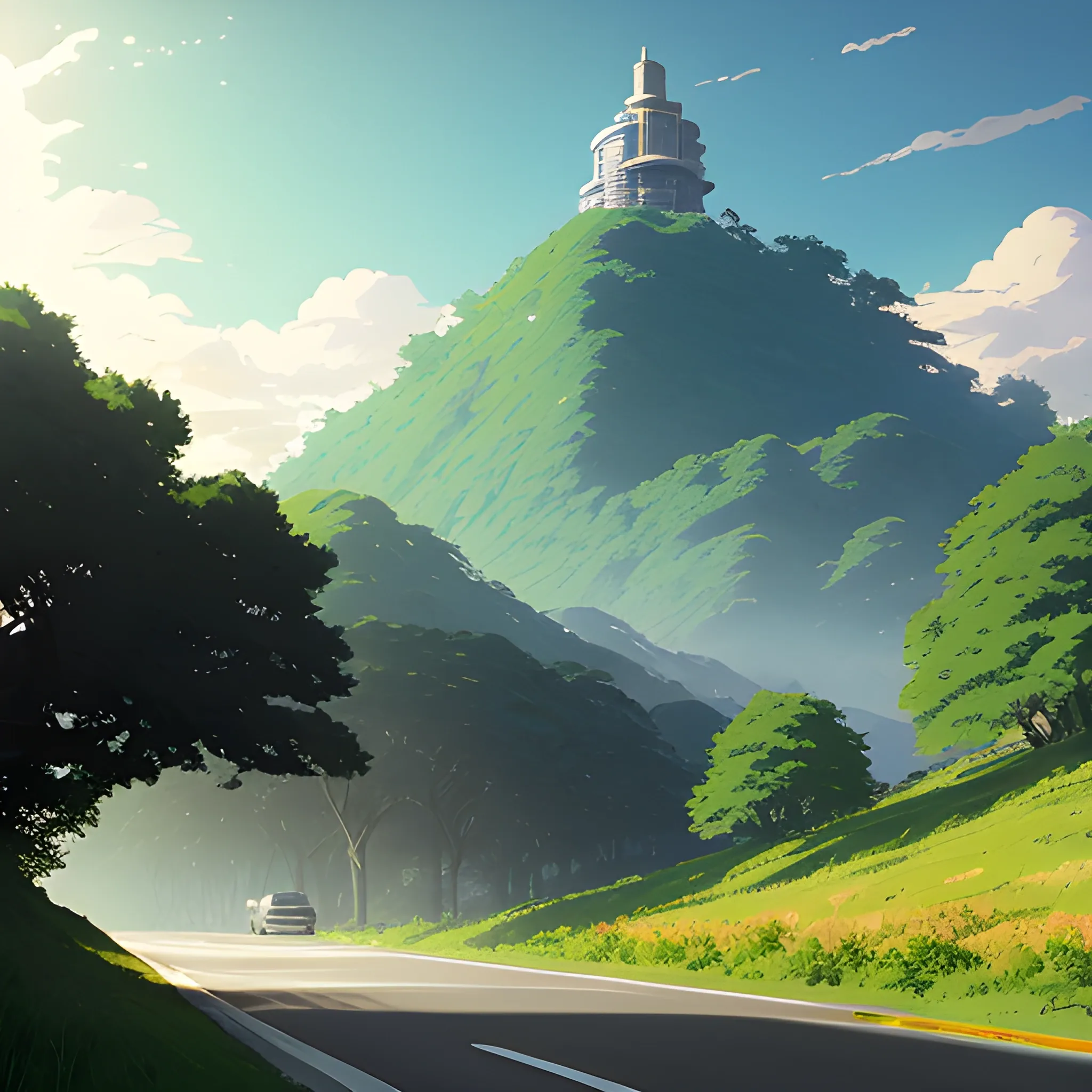 an wide landscape with brush, greenery, small road and a sky, ray of sunshine... in the style of makoto shinkai and greg rutkowski and albert bierstadt and james gurney, Cartoon