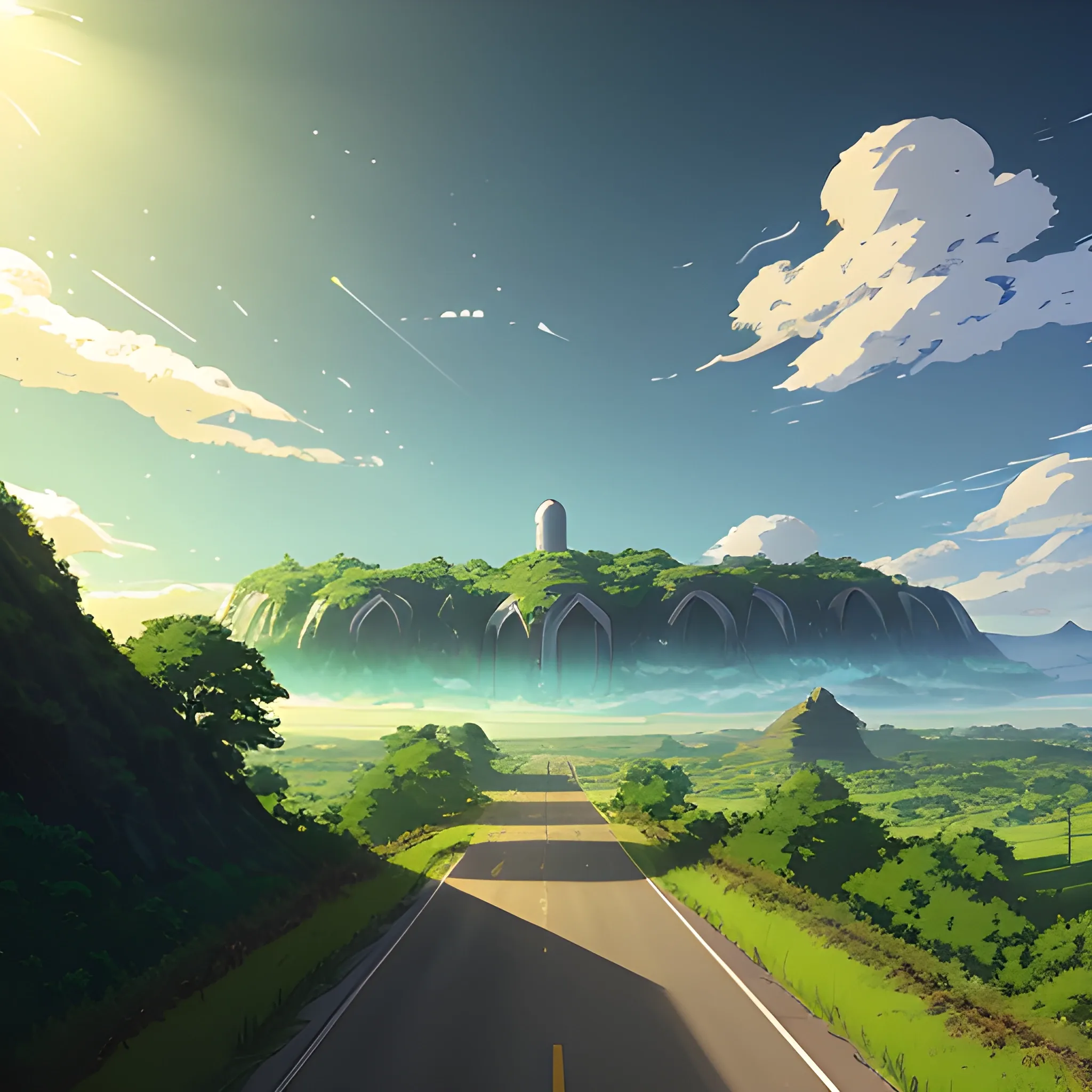 an wide landscape with brush, greenery, small road and a sky, ray of sunshine... in the style of makoto shinkai and greg rutkowski and albert bierstadt and james gurney, Cartoon