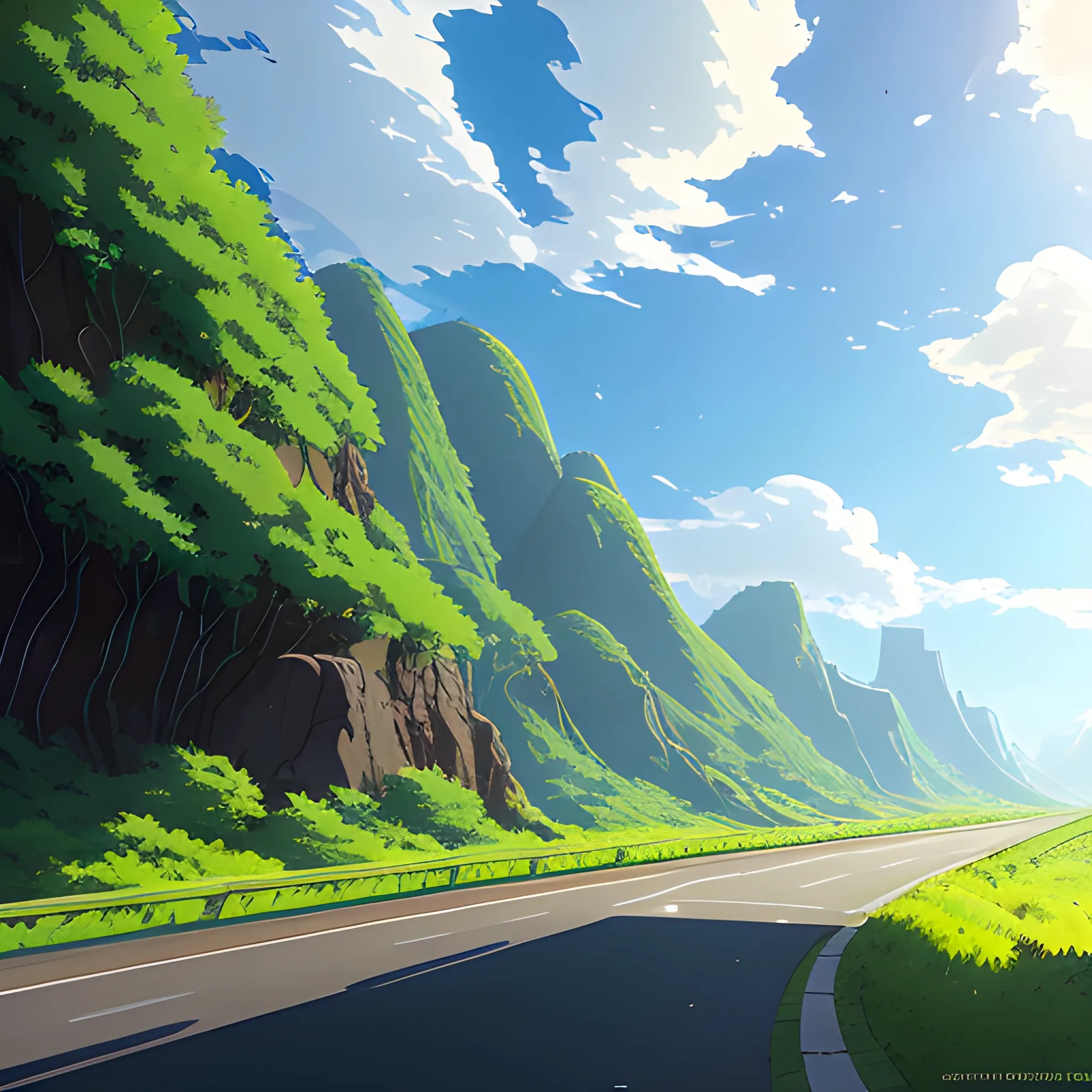 an wide landscape with brush, greenery, small road and a sky, ray of sunshine... in the style of makoto shinkai and greg rutkowski and albert bierstadt and james gurney, Cartoon