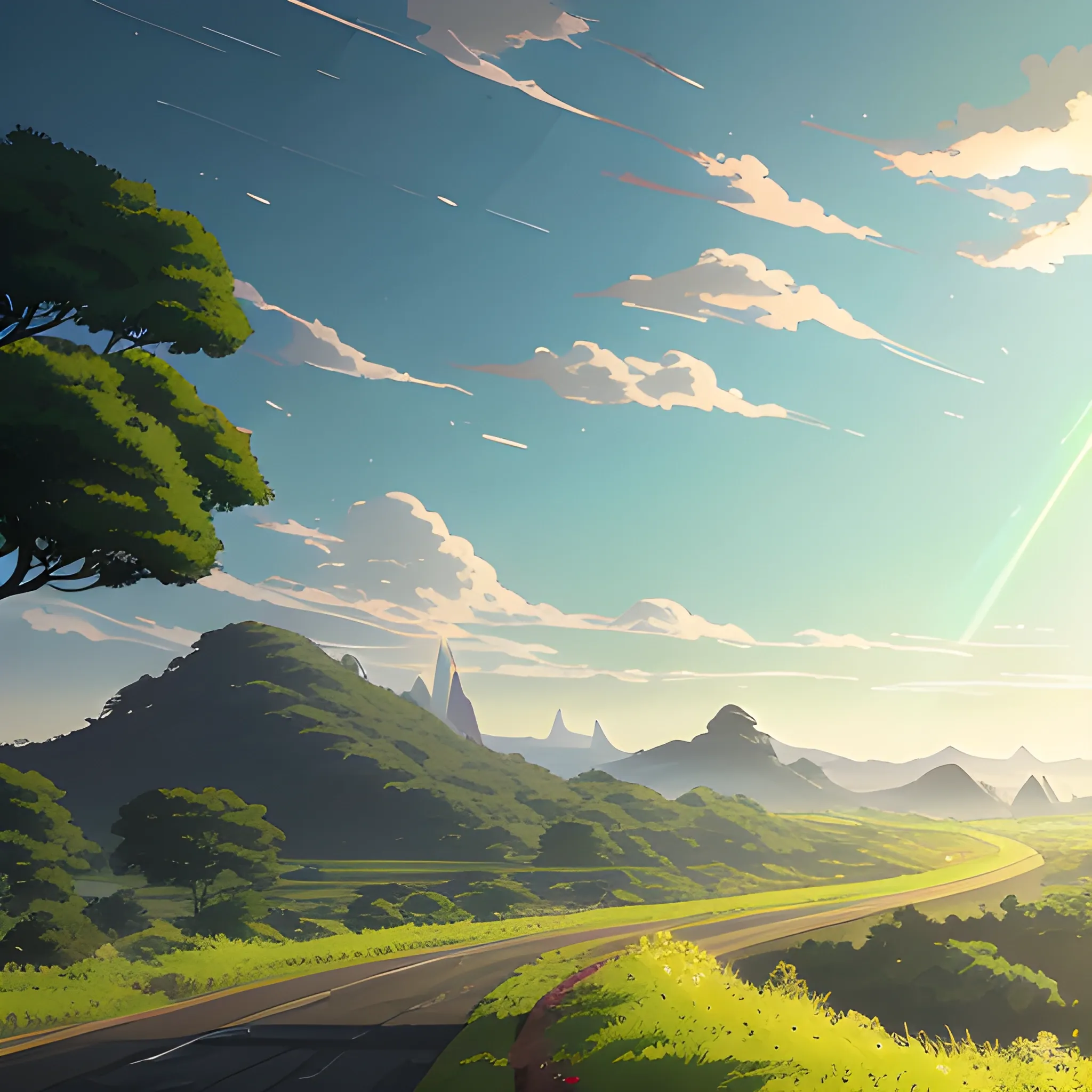 an wide landscape with brush, greenery, small road and a sky, ray of sunshine... in the style of makoto shinkai and greg rutkowski and albert bierstadt and james gurney, Cartoon