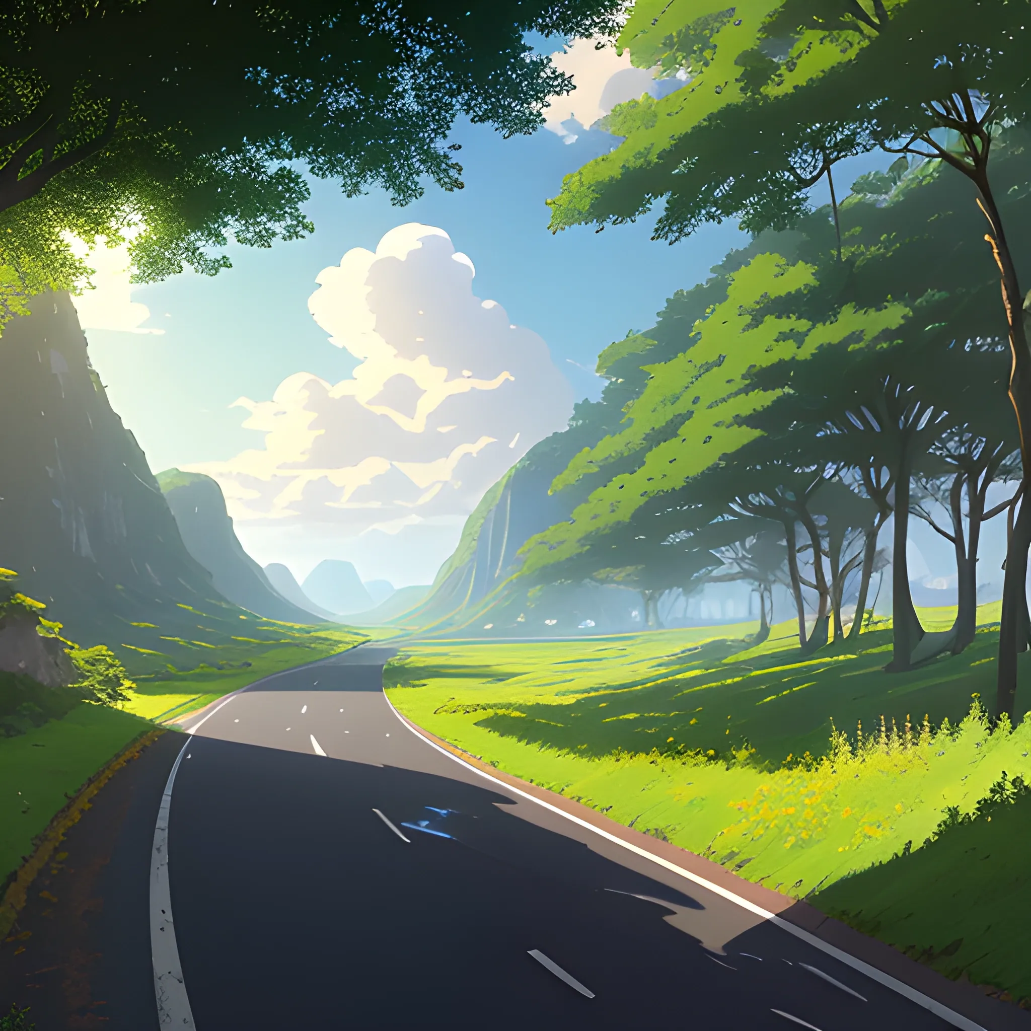 an wide landscape with brush, greenery, small road and a sky, ray of sunshine... in the style of makoto shinkai and greg rutkowski and albert bierstadt and james gurney, Cartoon