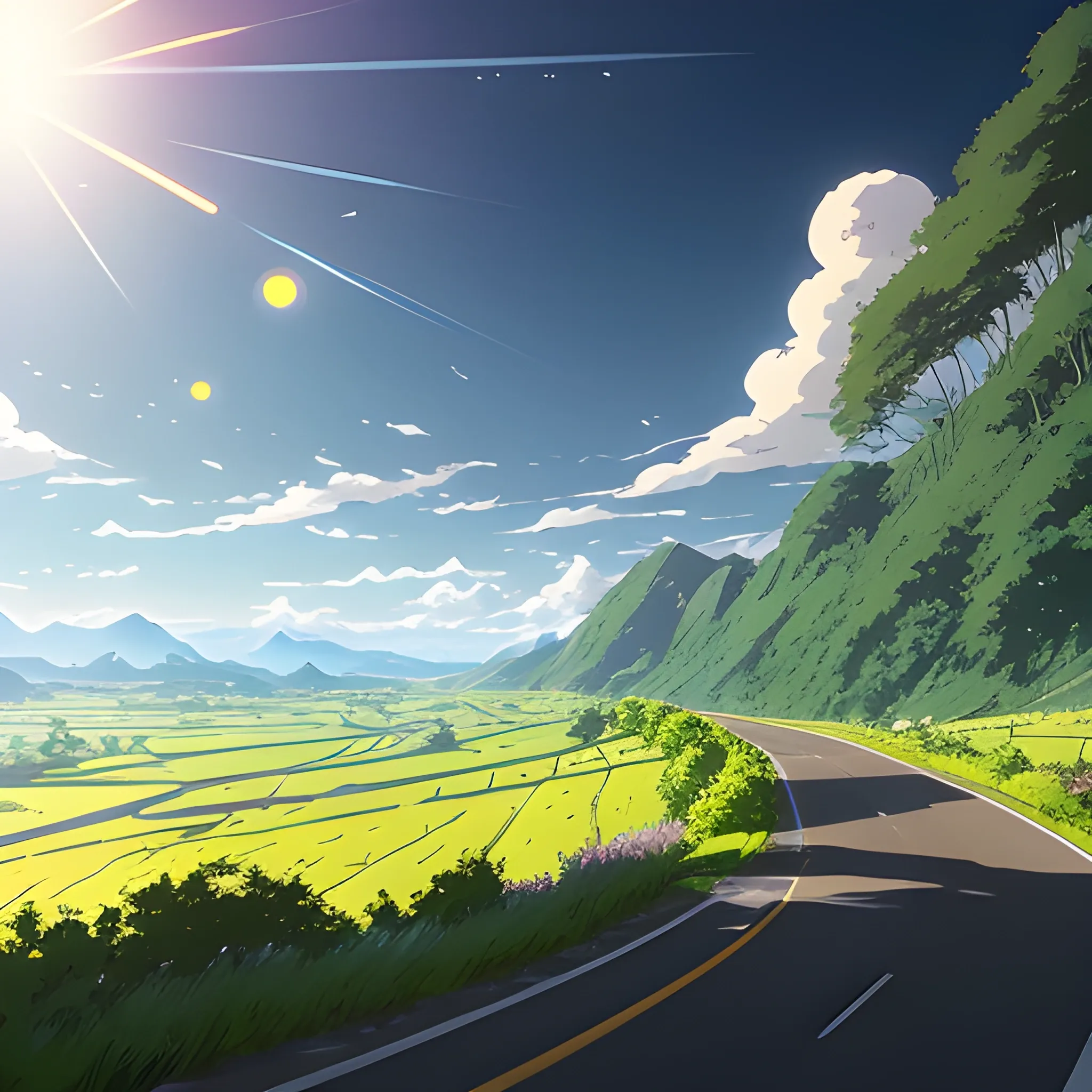 law view of an wide landscape with brush, greenery, small road and a sky, ray of sunshine... in the style of makoto shinkai and greg rutkowski and albert bierstadt and james gurney, Cartoon