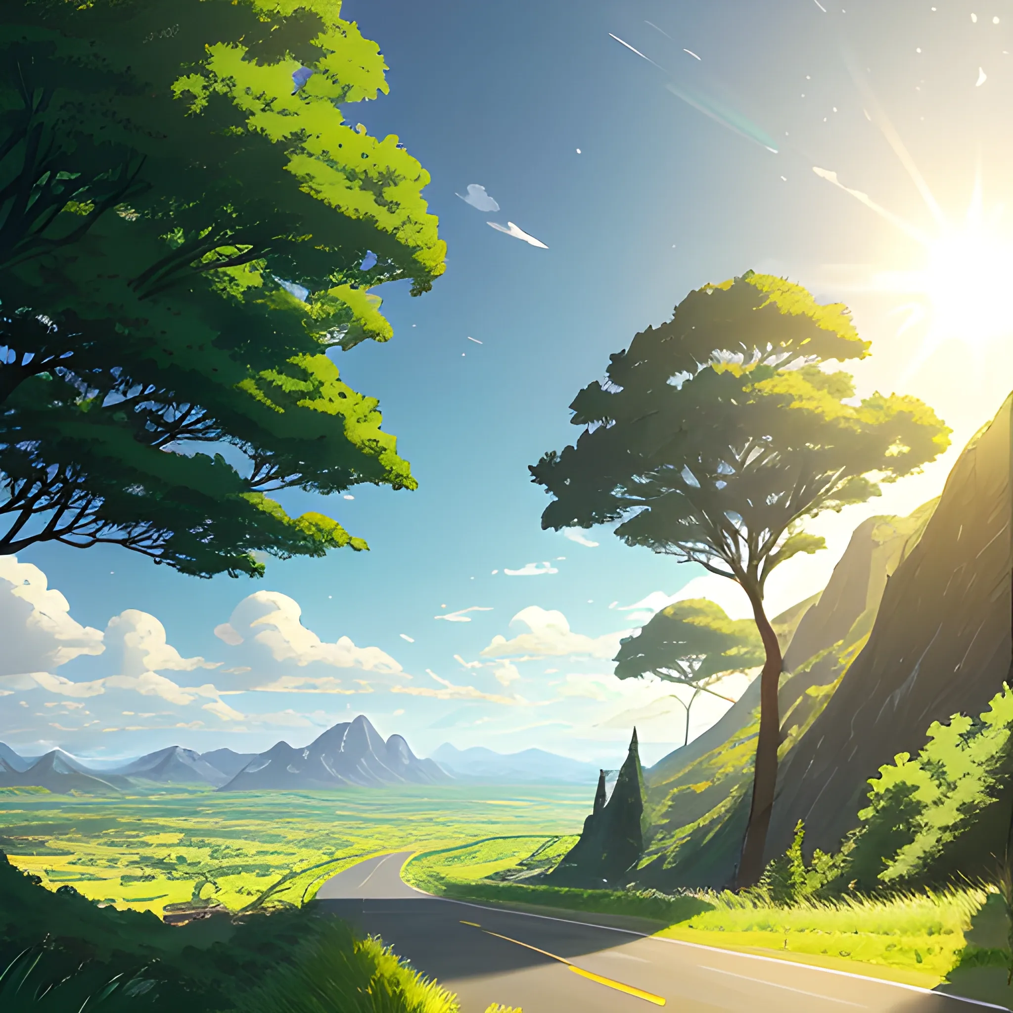 law view of an wide landscape with brush, greenery, small road and a sky, ray of sunshine... in the style of makoto shinkai and greg rutkowski and albert bierstadt and james gurney, Cartoon