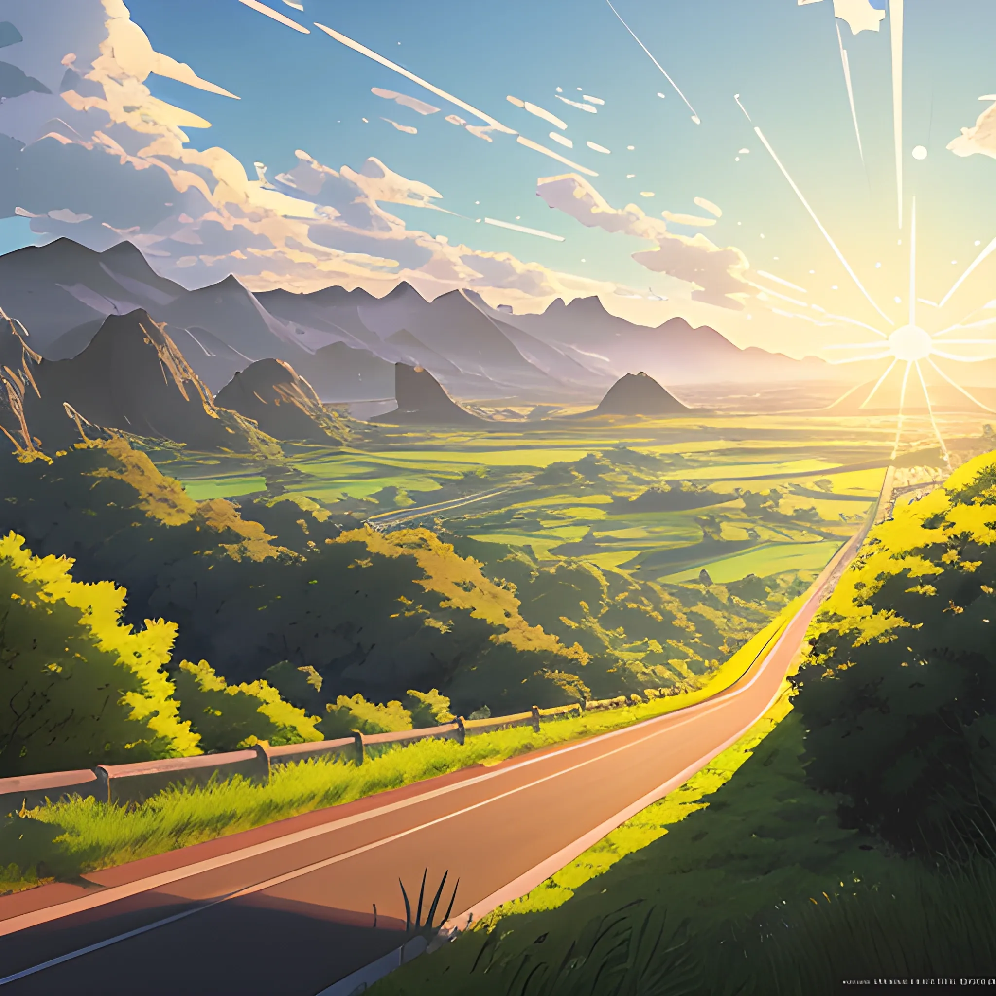 law view of an wide landscape with brush, greenery, small road and a sky, ray of sunshine... in the style of makoto shinkai and greg rutkowski and albert bierstadt and james gurney, Cartoon