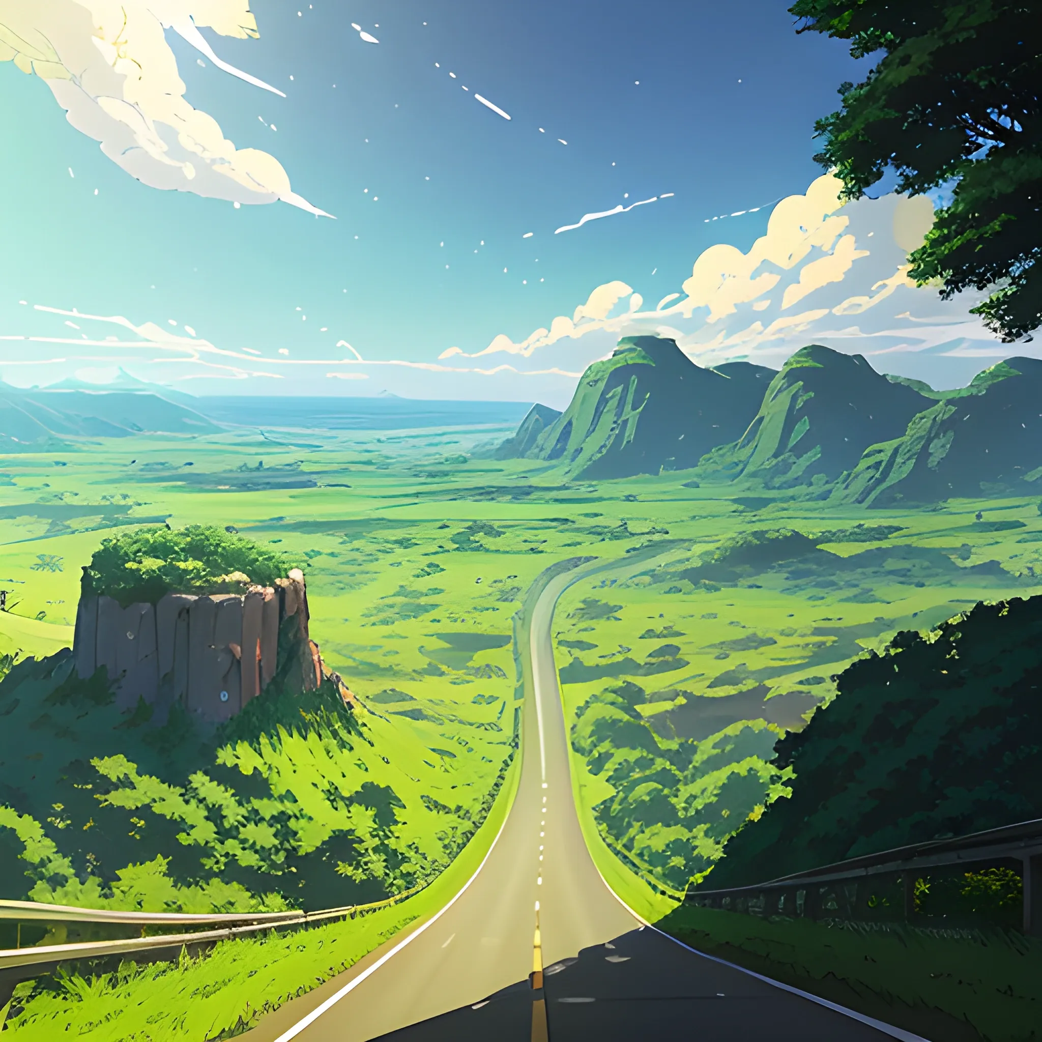 law view of an wide landscape with brush, greenery, small road and a sky, ray of sunshine... in the style of makoto shinkai and greg rutkowski and albert bierstadt and james gurney, Cartoon