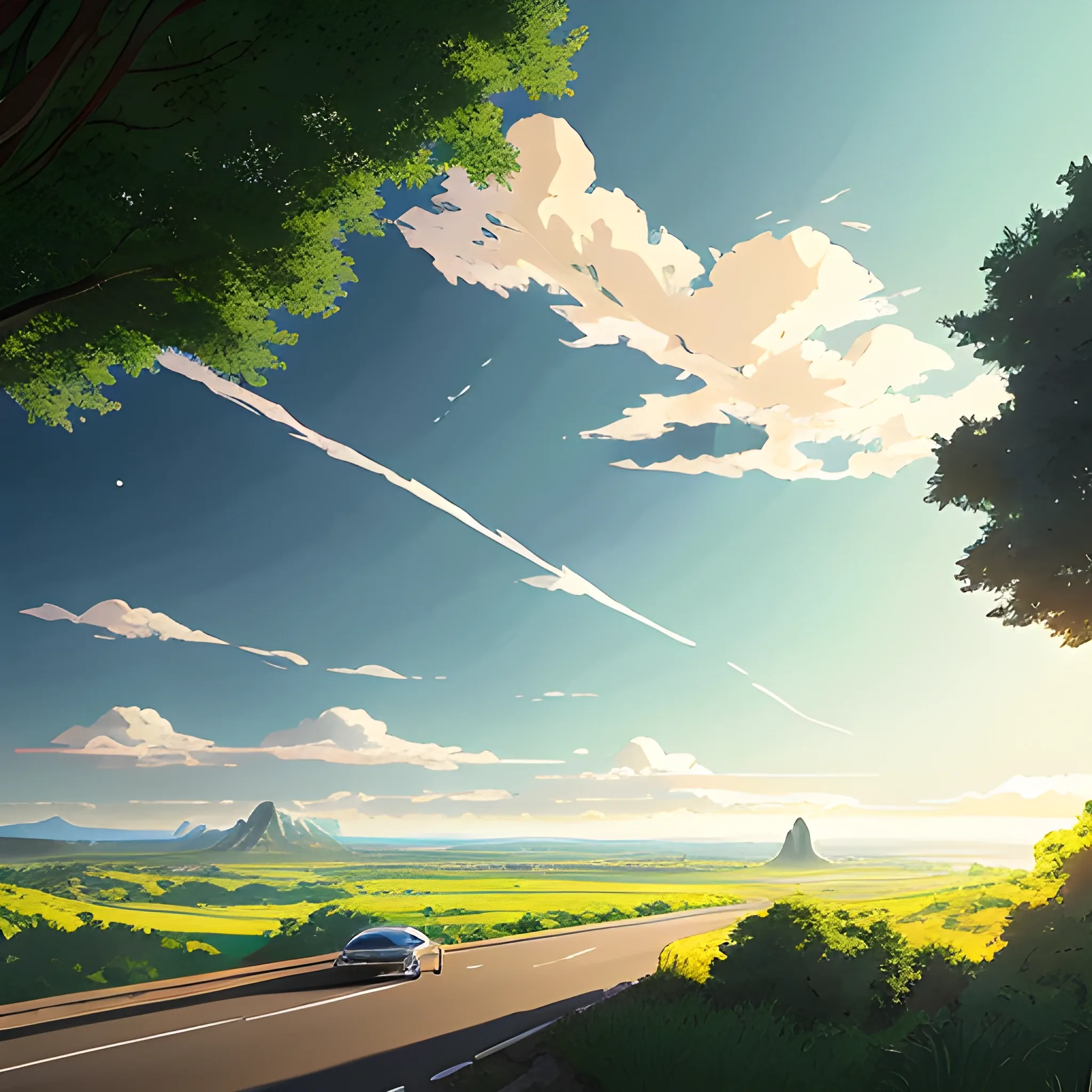 law view of an wide landscape with brush, greenery, small road and a sky, ray of sunshine... in the style of makoto shinkai and greg rutkowski and albert bierstadt and james gurney, Cartoon