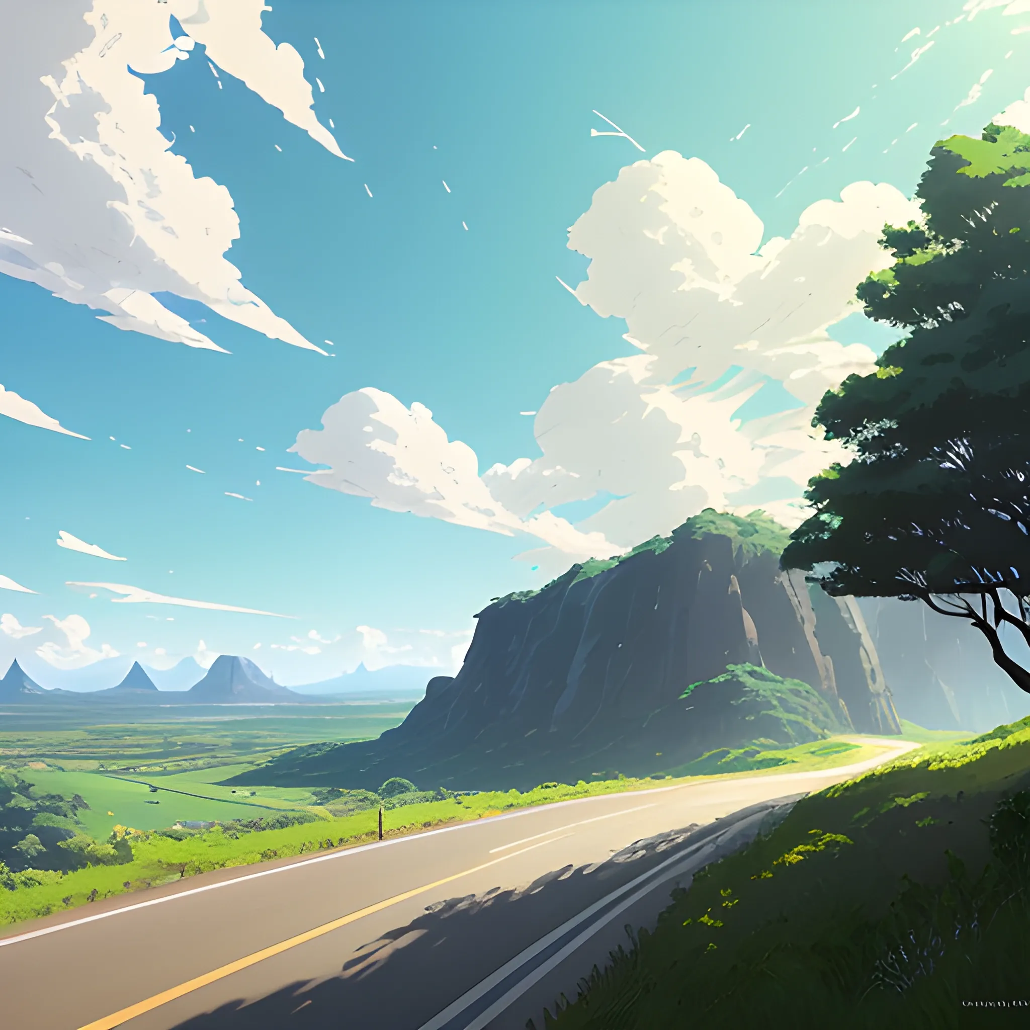 law view of an wide landscape with brush, greenery, small road and a sky, ray of sunshine... in the style of makoto shinkai and greg rutkowski and albert bierstadt and james gurney, Cartoon