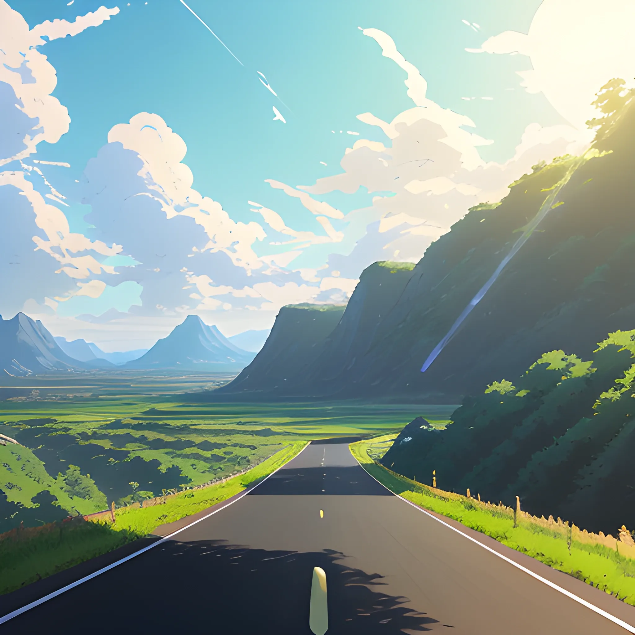 law view of an wide landscape with brush, greenery, small road and a sky, ray of sunshine... in the style of makoto shinkai and greg rutkowski and albert bierstadt and james gurney, Cartoon