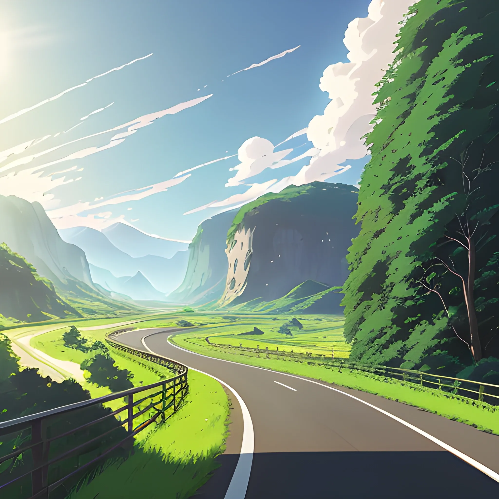 law view of an wide landscape with brush, greenery, small road and a sky, ray of sunshine... in the style of makoto shinkai and greg rutkowski and albert bierstadt and james gurney, Cartoon