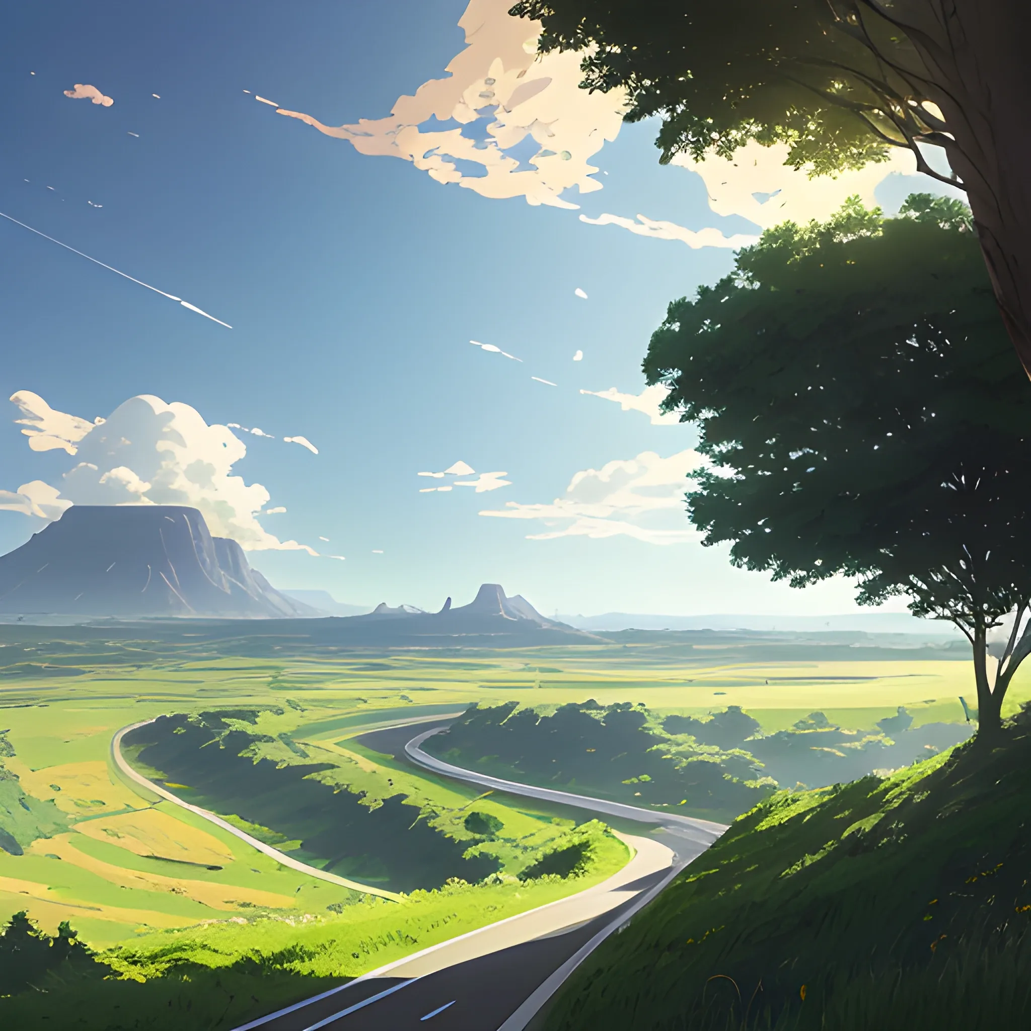 law view of an wide landscape with brush, greenery, small road and a sky, ray of sunshine... in the style of makoto shinkai and greg rutkowski and albert bierstadt and james gurney, Cartoon