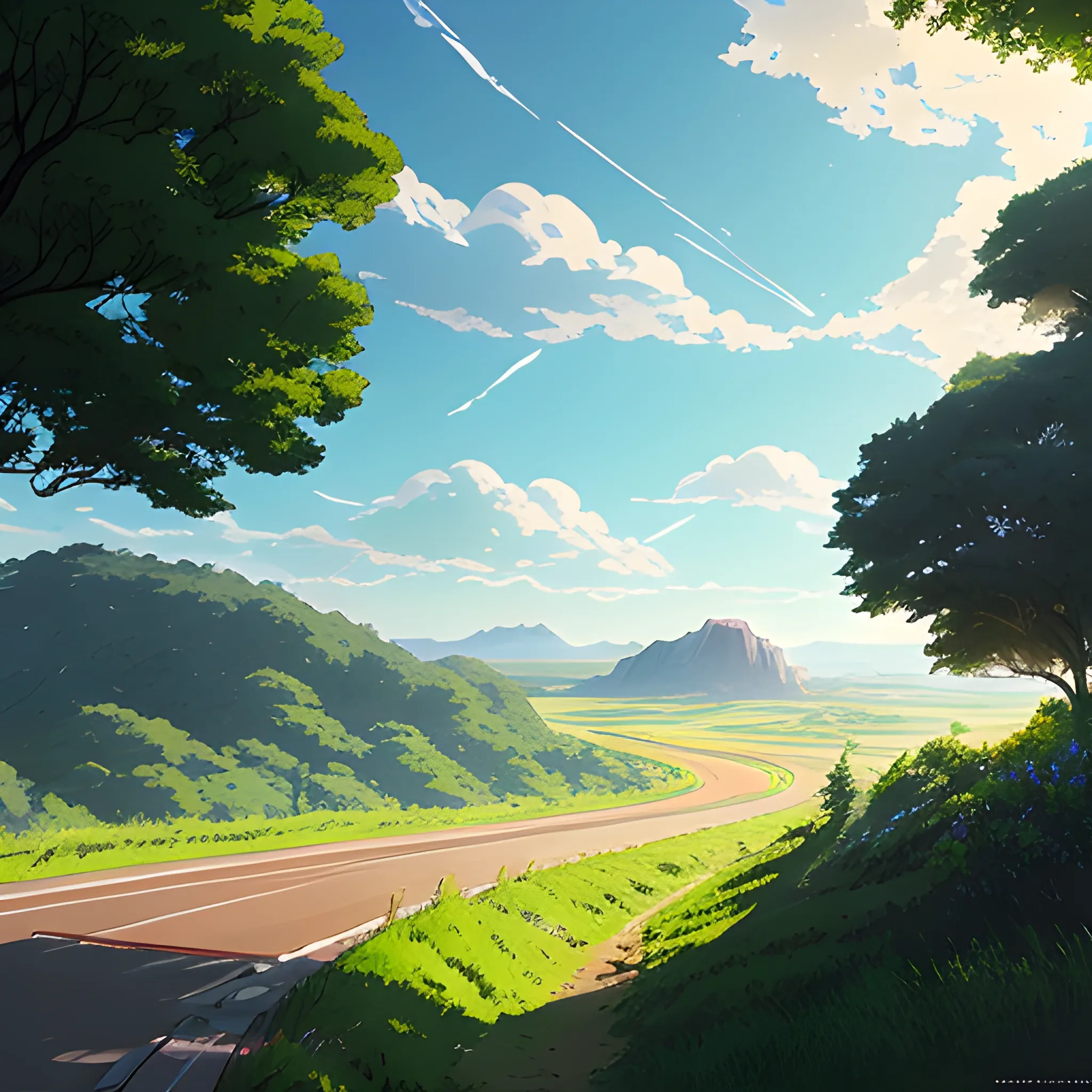 law view of an wide landscape with brush, greenery, small road and a sky, ray of sunshine... in the style of makoto shinkai and greg rutkowski and albert bierstadt and james gurney, Cartoon