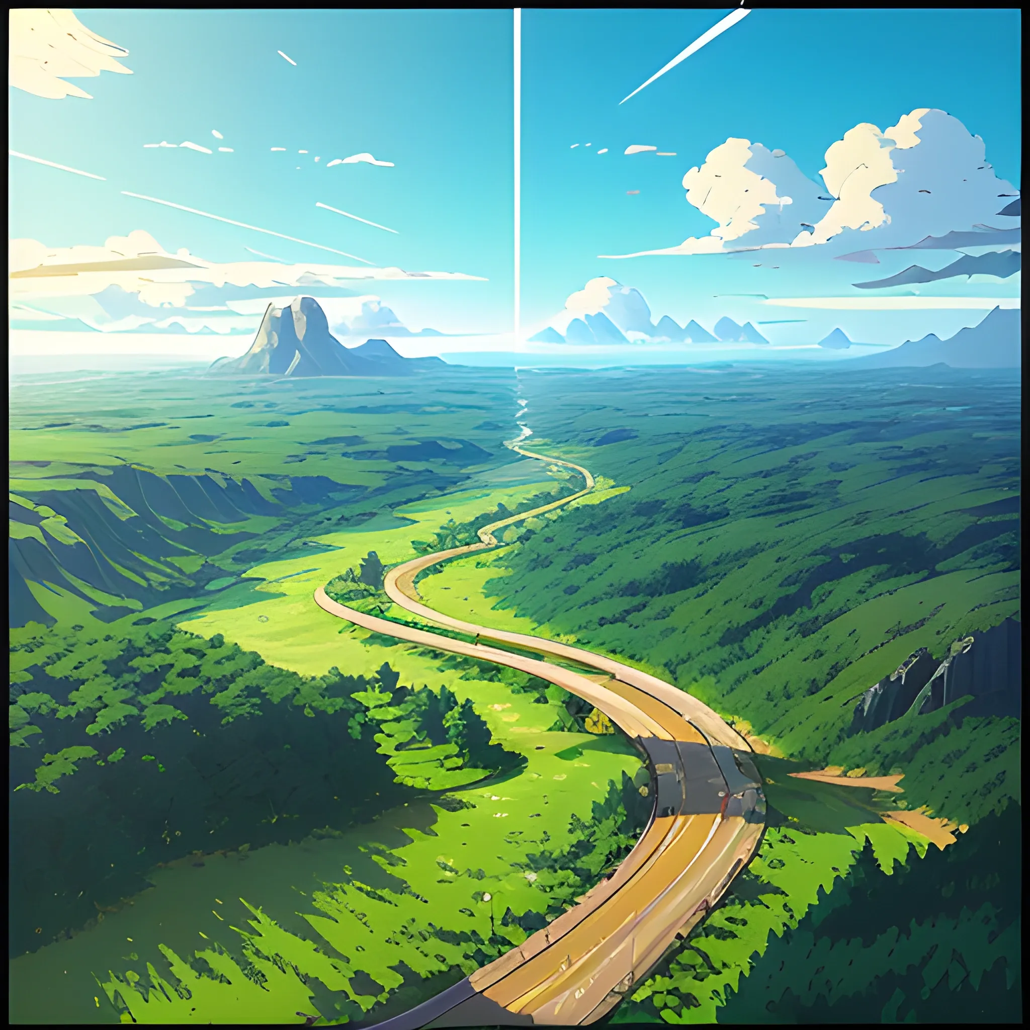 aerial view of an wide landscape with brush, greenery, small road and a sky, ray of sunshine... in the style of makoto shinkai and greg rutkowski and albert bierstadt and james gurney, Cartoon