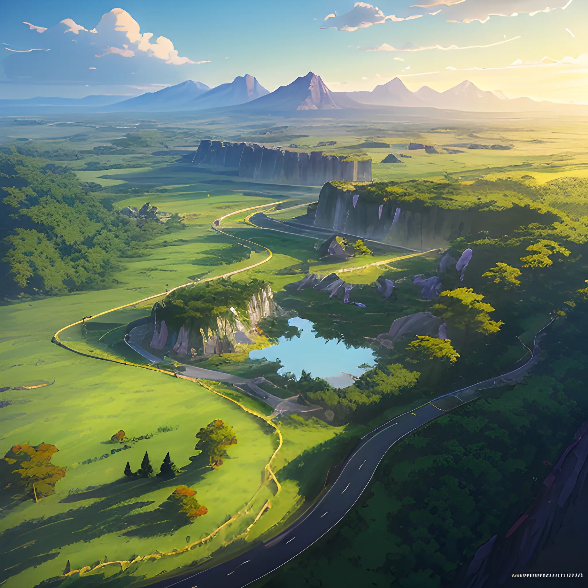 aerial view of an wide landscape with brush, greenery, small road and a sky, ray of sunshine... in the style of makoto shinkai and greg rutkowski and albert bierstadt and james gurney, Cartoon