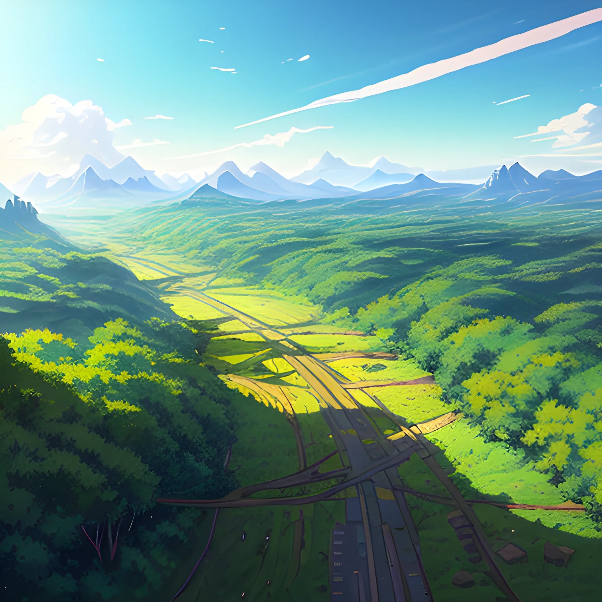 aerial view of an wide landscape with brush, greenery, small road and a sky, ray of sunshine... in the style of makoto shinkai and greg rutkowski and albert bierstadt and james gurney, Cartoon